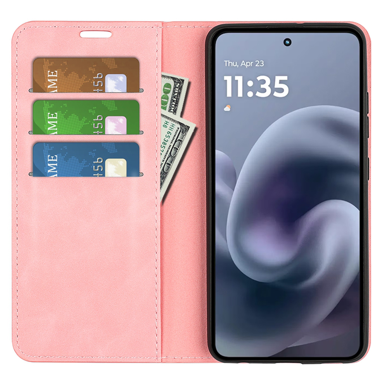 Étui de téléphone en cuir rose ouvert, avec un téléphone à l'intérieur. Fentes pour cartes et argent visibles. Le téléphone affiche l'heure.