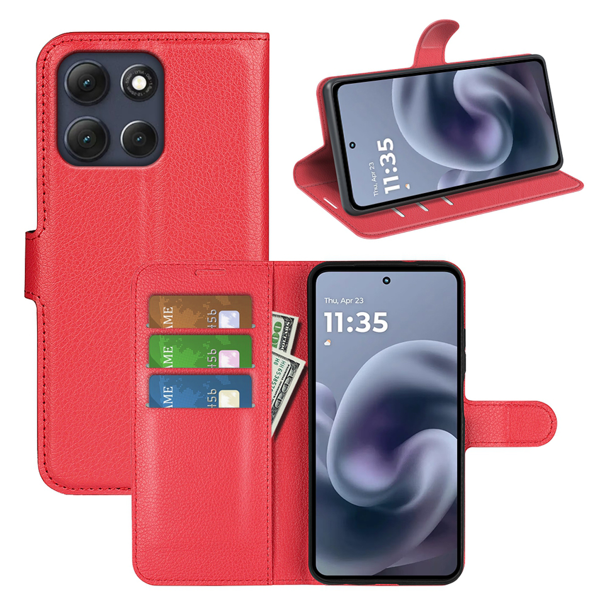Rode telefoonhoes met een telefoon, kaarten en contant geld erin. De telefoon geeft de tijd weer. Meerdere weergaven.