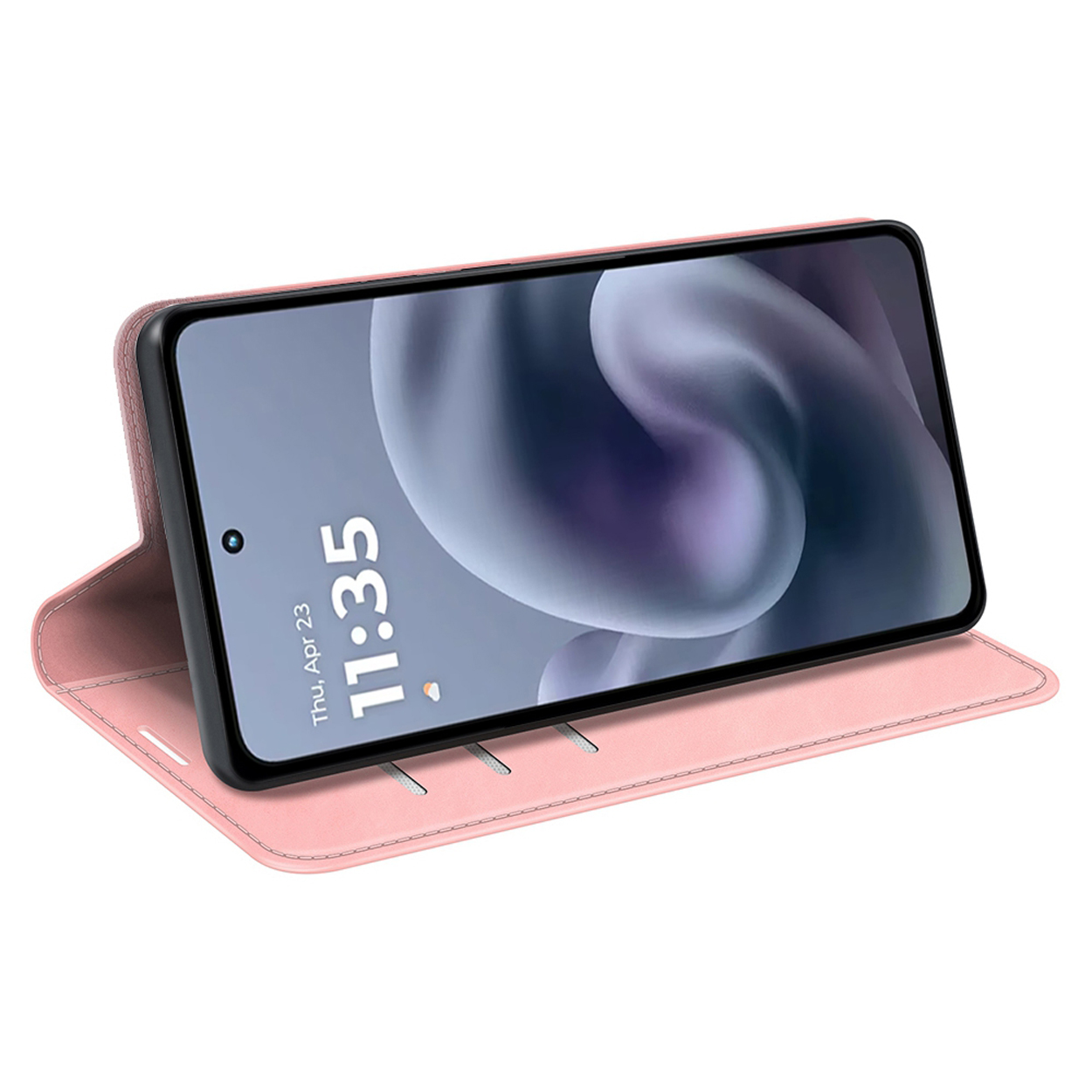Étui de téléphone rose avec un téléphone à l'intérieur. Le téléphone affiche l'heure. L'étui est ouvert et incliné.