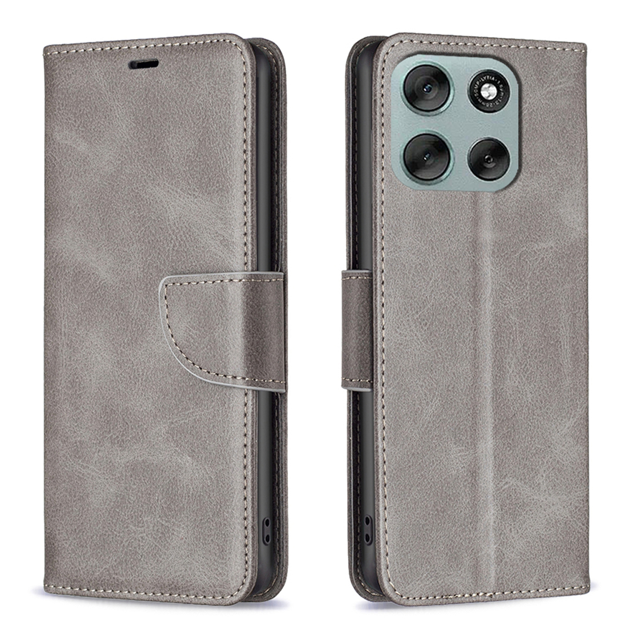 Étui de téléphone en cuir gris, fermé et ouvert. L'intérieur comporte des fentes pour cartes. L'arrière a des trous.