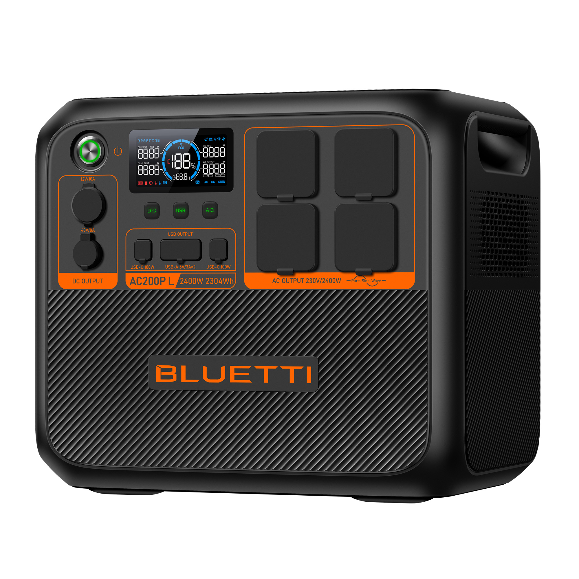 Schwarze und orangefarbene Powerstation mit Display und Steckdosen. Das Wort BLUETTI ist aufgedruckt.