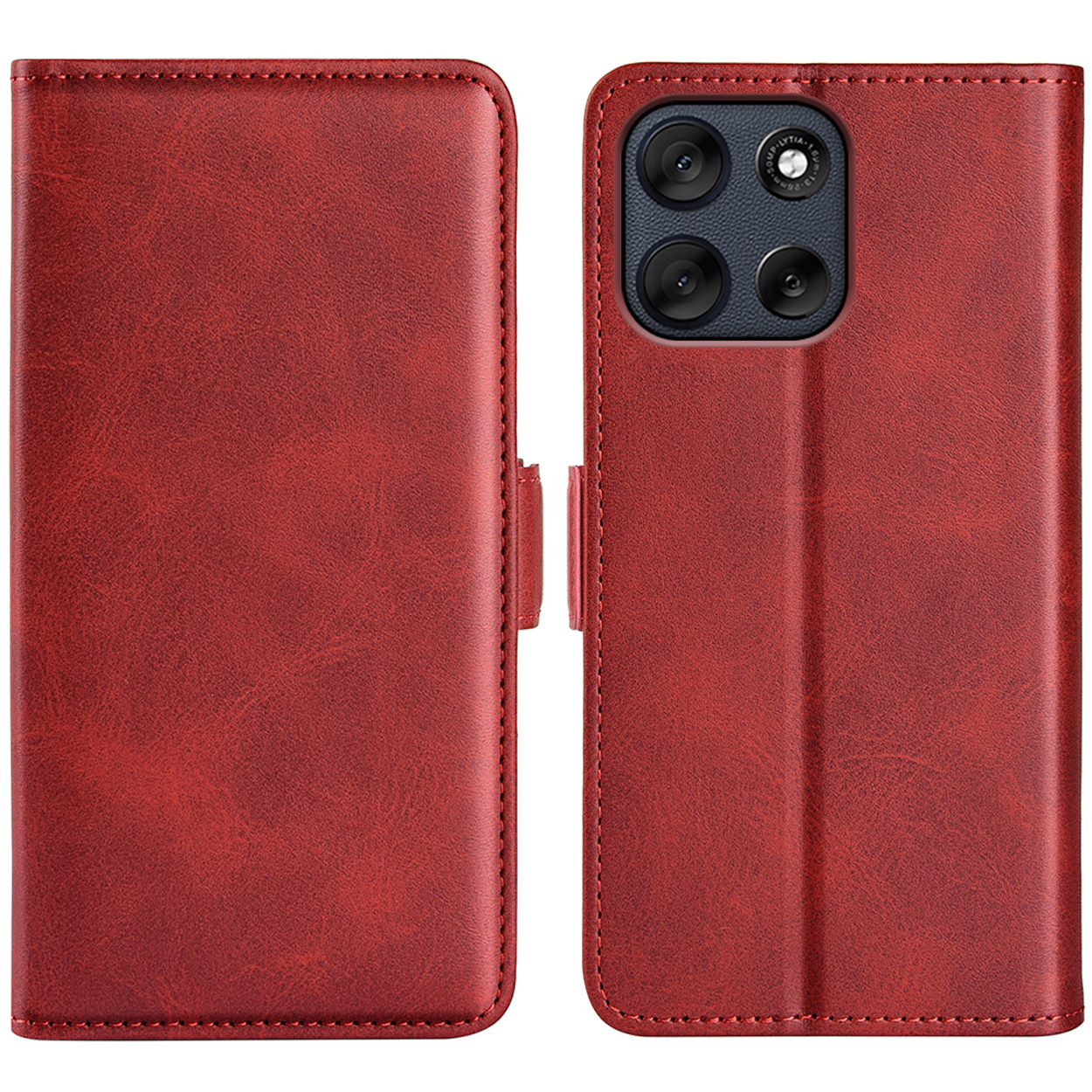 Étui de téléphone rouge, ouvert. Montre la zone de la caméra et les détails des coutures. Texture simili cuir.