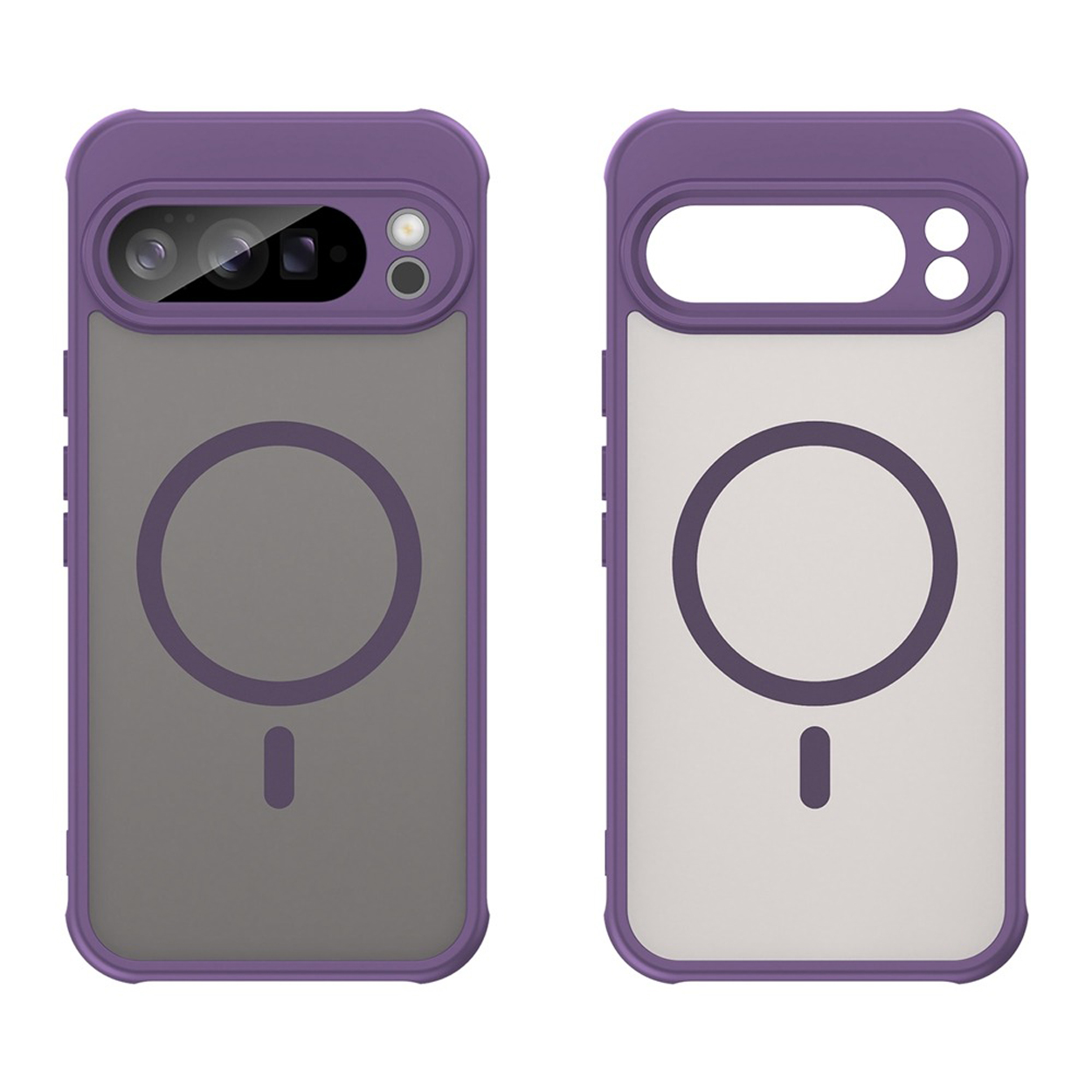 Twee telefoonhoesjes, paars en doorzichtig. Eén kant toont camera, de andere de achterkant.