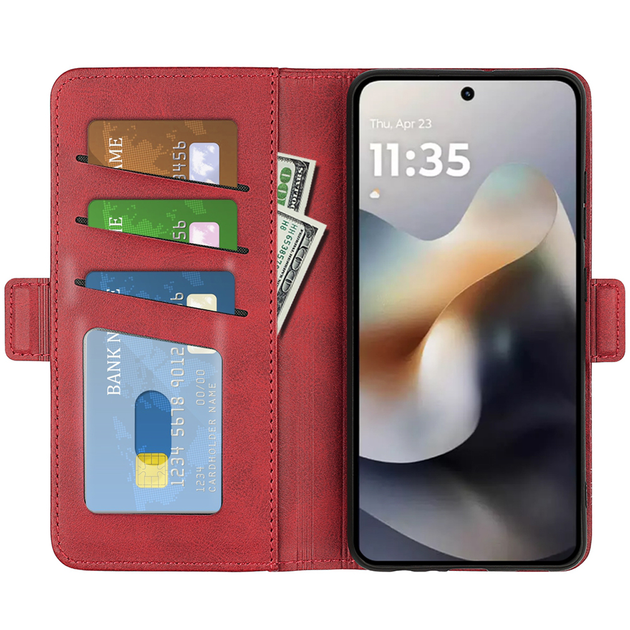 Coque de téléphone rouge ouverte. Montre des cartes de crédit, de l'argent liquide et un téléphone. Intérieur noir.