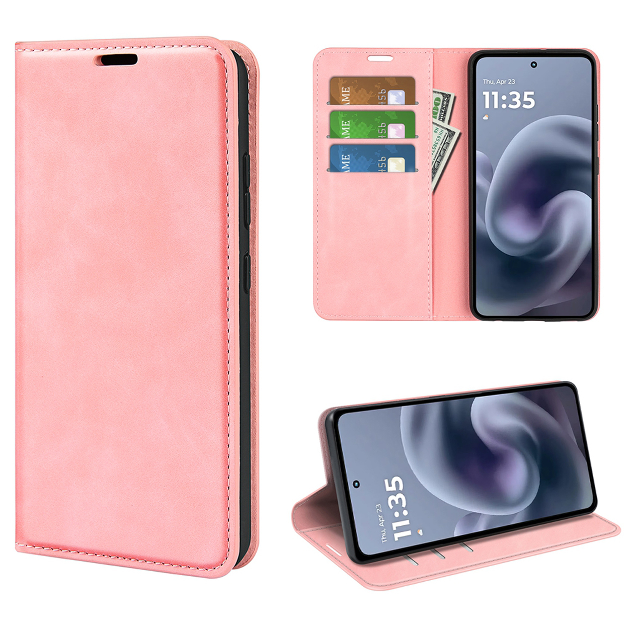 Étui de téléphone rose, ouvert, affichant un téléphone et des fentes pour cartes et espèces. Vues multiples.