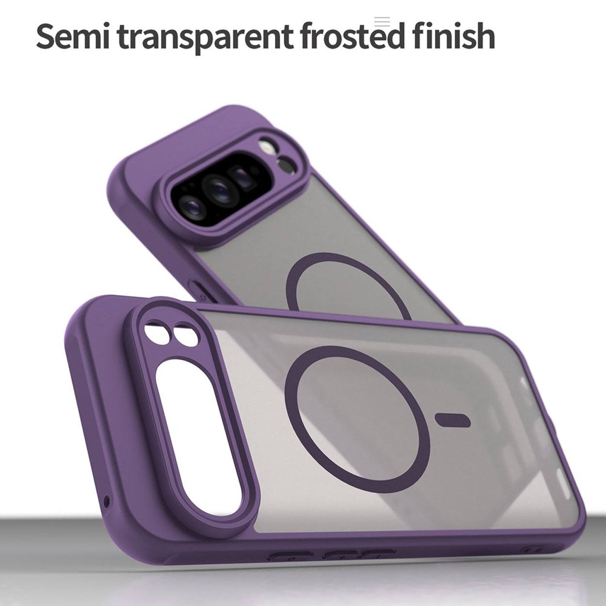 Telefoonhoes: paars, transparante achterkant, camerabescherming. Semi-transparante matte afwerking.