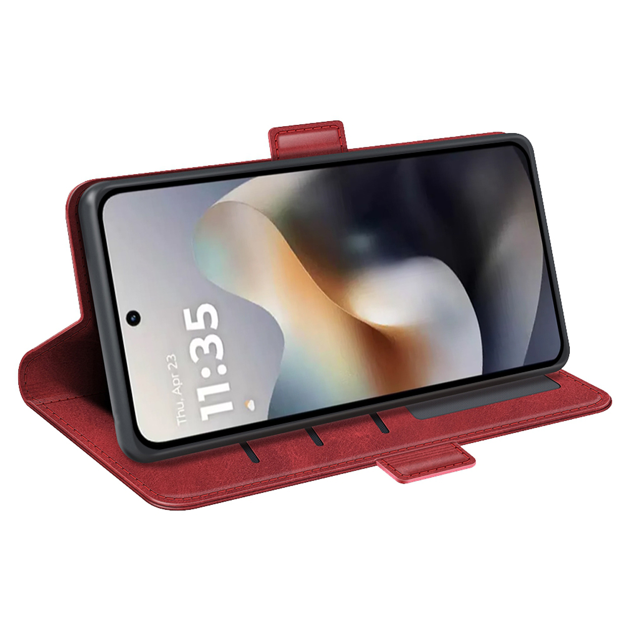 Étui de téléphone rouge, ouvert, affichant un téléphone. L'étui est rouge, simili cuir avec coutures. Le téléphone est dedans.