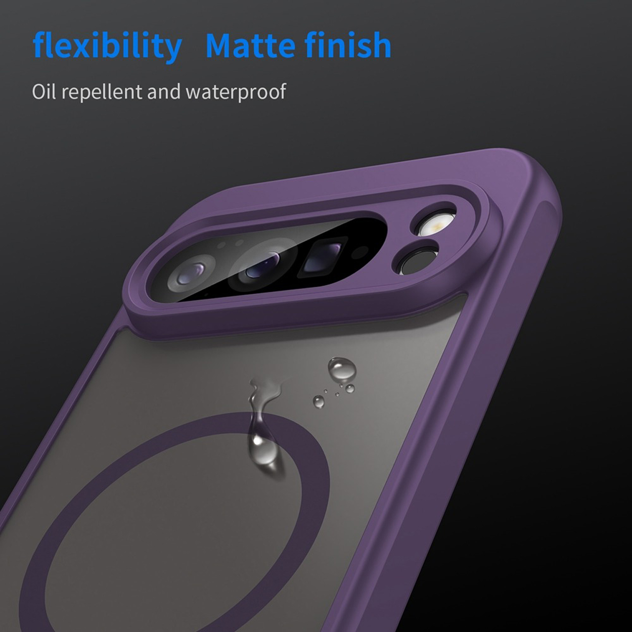 Paarse telefoonhoes, close-up. Toont details: flexibiliteit, matte afwerking, olie- en waterafstotend.