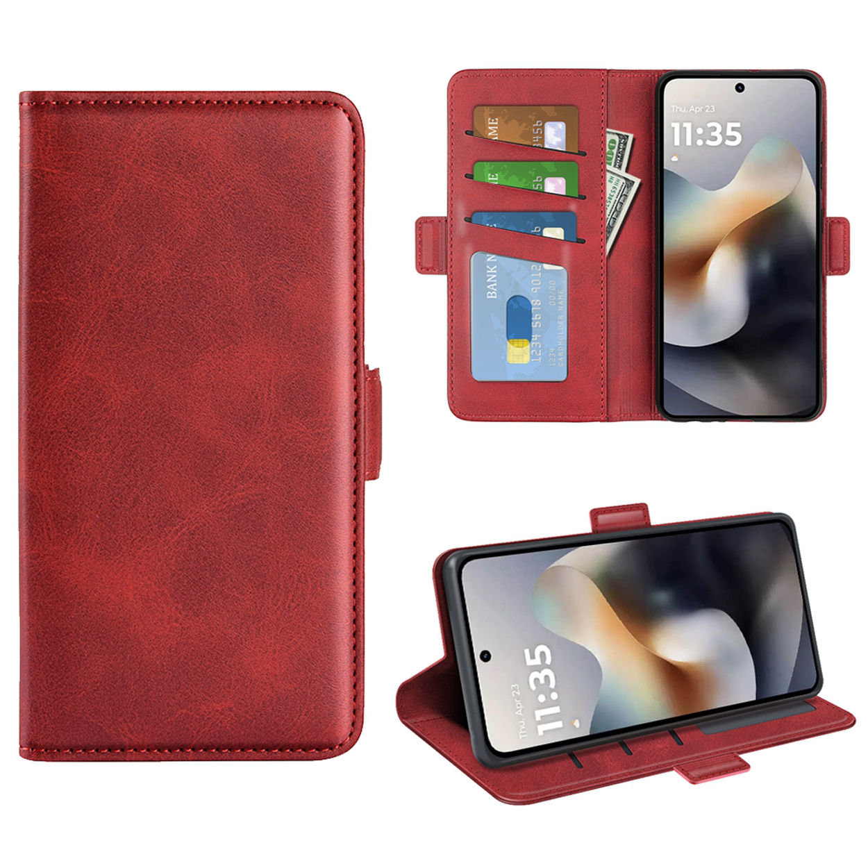 Coque de téléphone rouge ouverte. Montre le téléphone avec cartes de crédit et argent liquide.