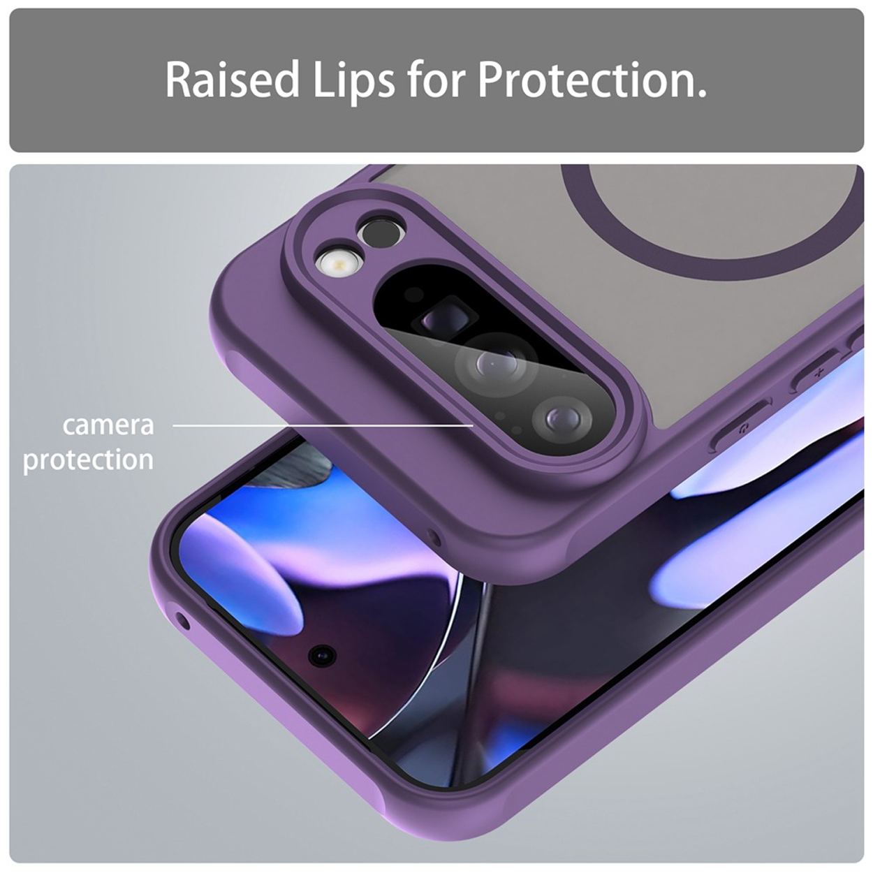 Paarse telefoonhoes, close-up. Toont camerabescherming en verhoogde randen voor bescherming.