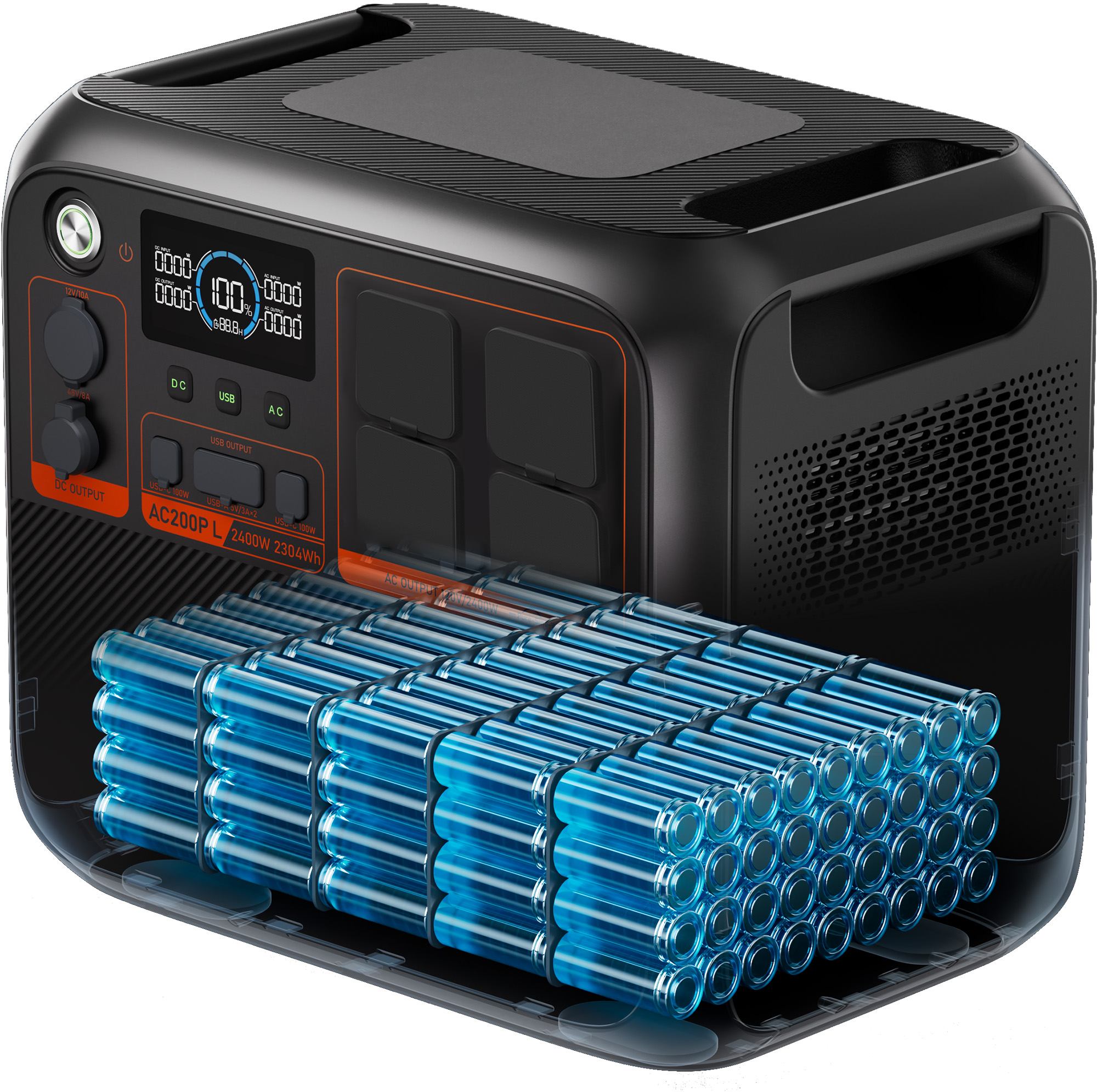 Schwarze Powerstation mit Batterien. Zeigt Digitalanzeige und Anschlüsse. Batterien im Sockel.
