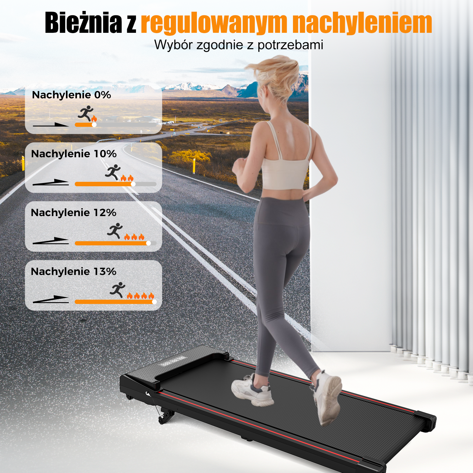 Kobieta biegnie na bieżni z wyświetlonymi opcjami nachylenia. Bieganie po drodze.