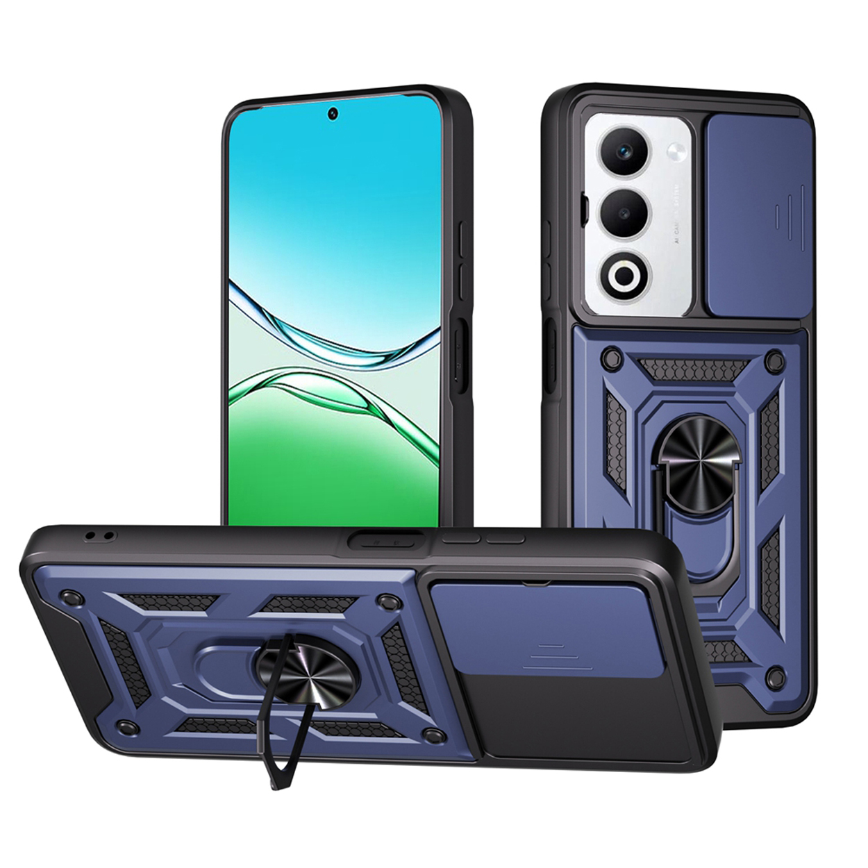 Coque de téléphone bleue et noire, vues multiples. Montre l'arrière, le côté et l'avant, avec un support de bague.