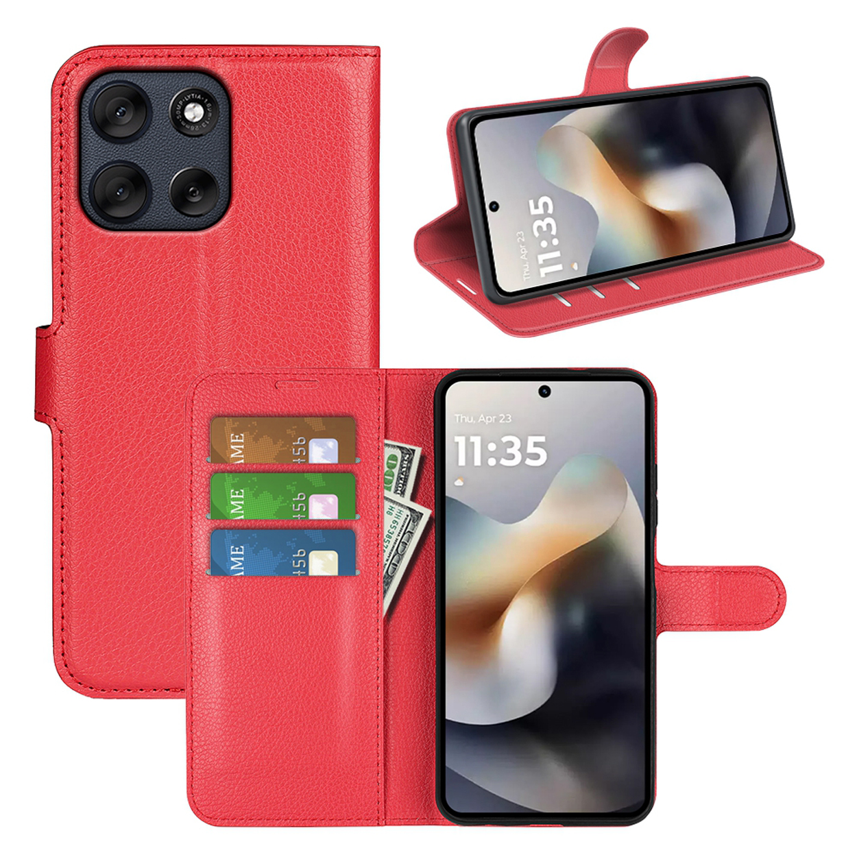 Étui de téléphone en cuir rouge avec un téléphone à l'intérieur, plusieurs cartes et de l'argent. Le téléphone affiche l'heure. Vues avant et arrière.