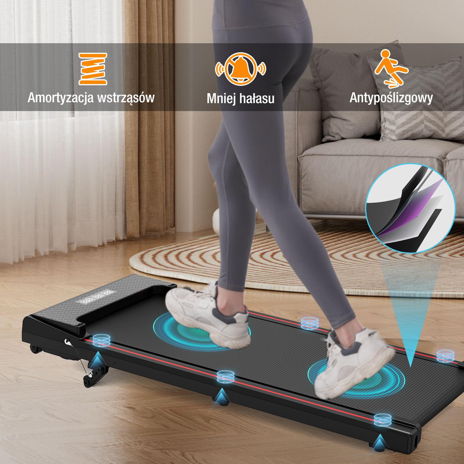 Kobieta na bieżni. Tekst wskazuje cechy: amortyzacja wstrząsów, mniej hałasu i antypoślizgowe. Bieżnia jest czarna.