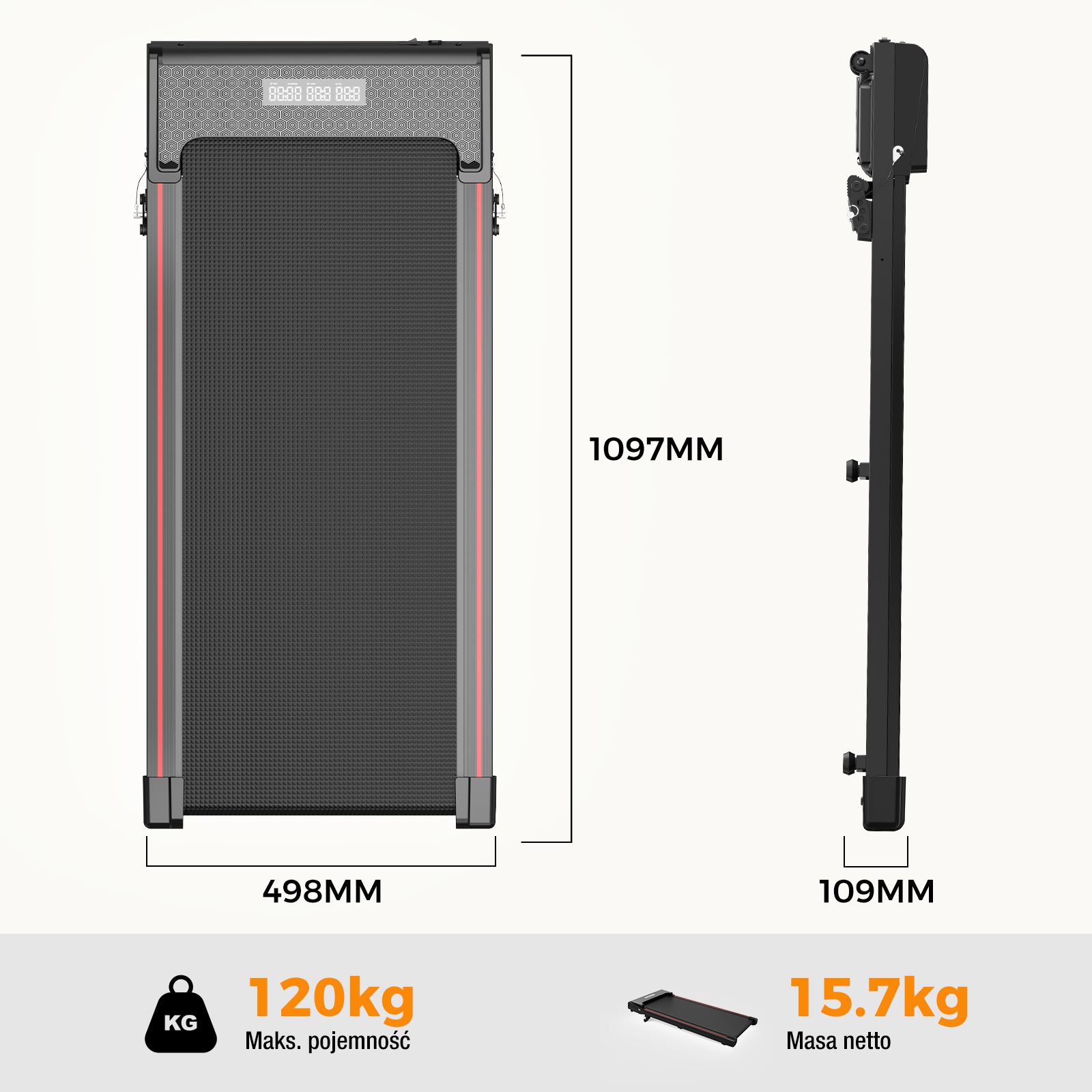 Czarna bieżnia z wymiarami i informacjami o wadze. Białe tło.