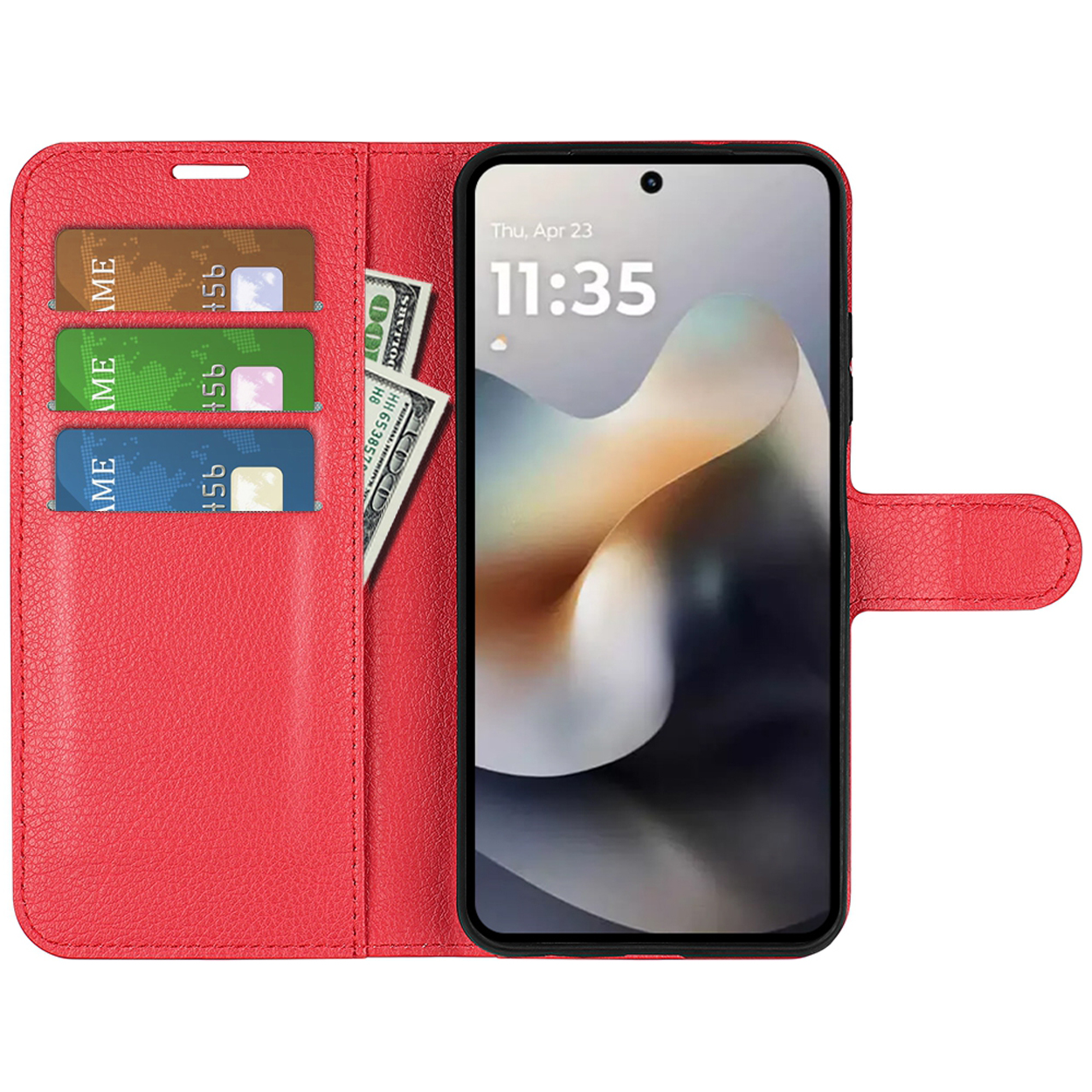 Étui de téléphone rouge, ouvert, avec cartes et argent visibles. Téléphone avec l'heure affichée.