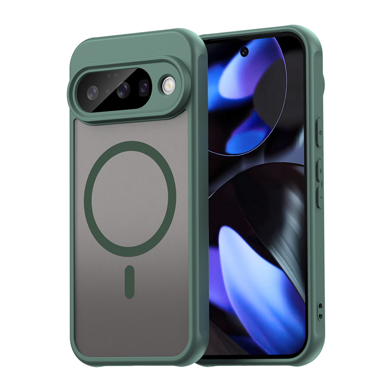Groene telefoonhoes, toont de telefoon en camera. Telefoonhoes is groen en doorzichtig.