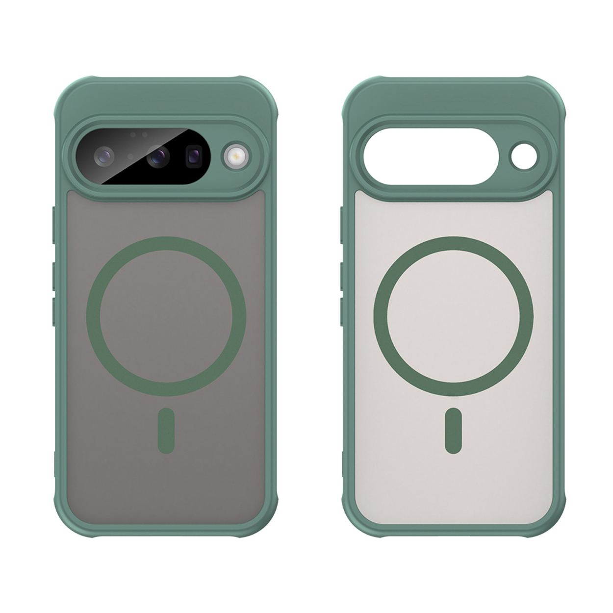 Twee telefoonhoesjes, groen met een doorzichtige achterkant, tonen de camera en een cirkel.