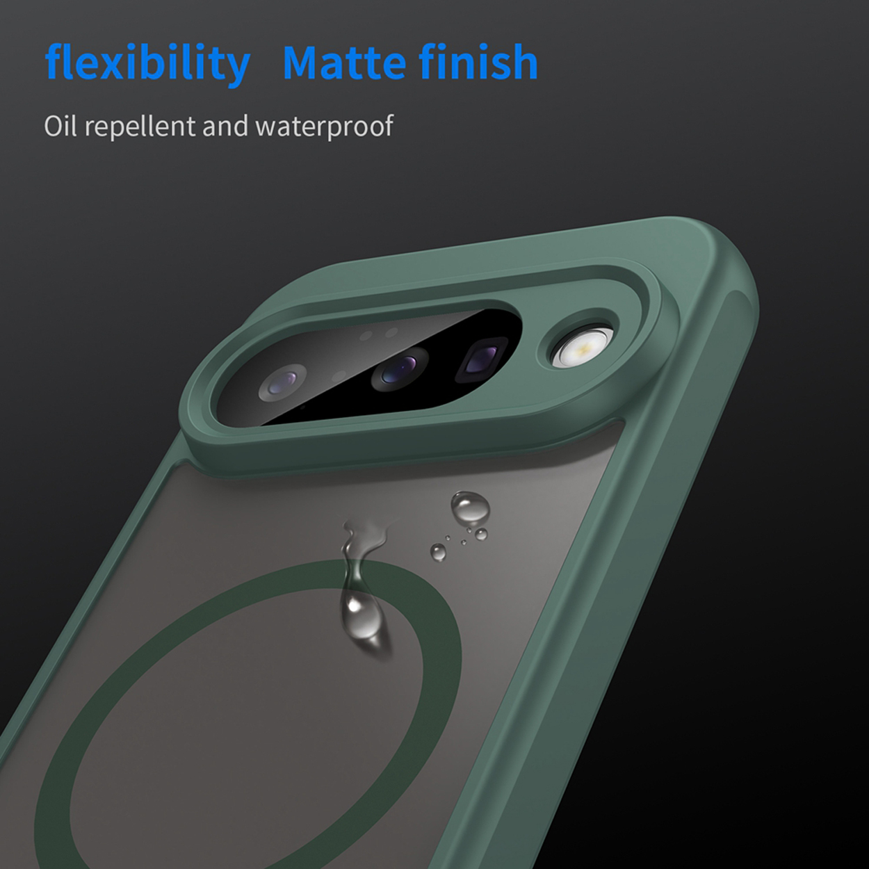 Telefoonhoesje: groen, doorzichtige achterkant, met waterdruppels, toont camera. Matte afwerking.