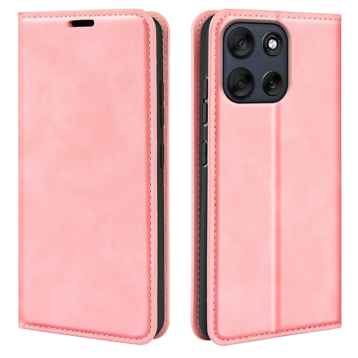 Roze telefoonhoes, gesloten. De achterkant van de hoes is zichtbaar. Zwarte rand.