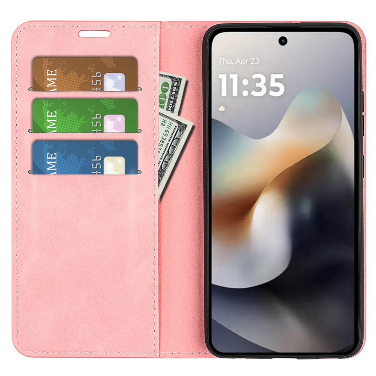 Roze telefoonhoes, open, met kaarten en contant geld. Telefoon met tijd weergegeven.