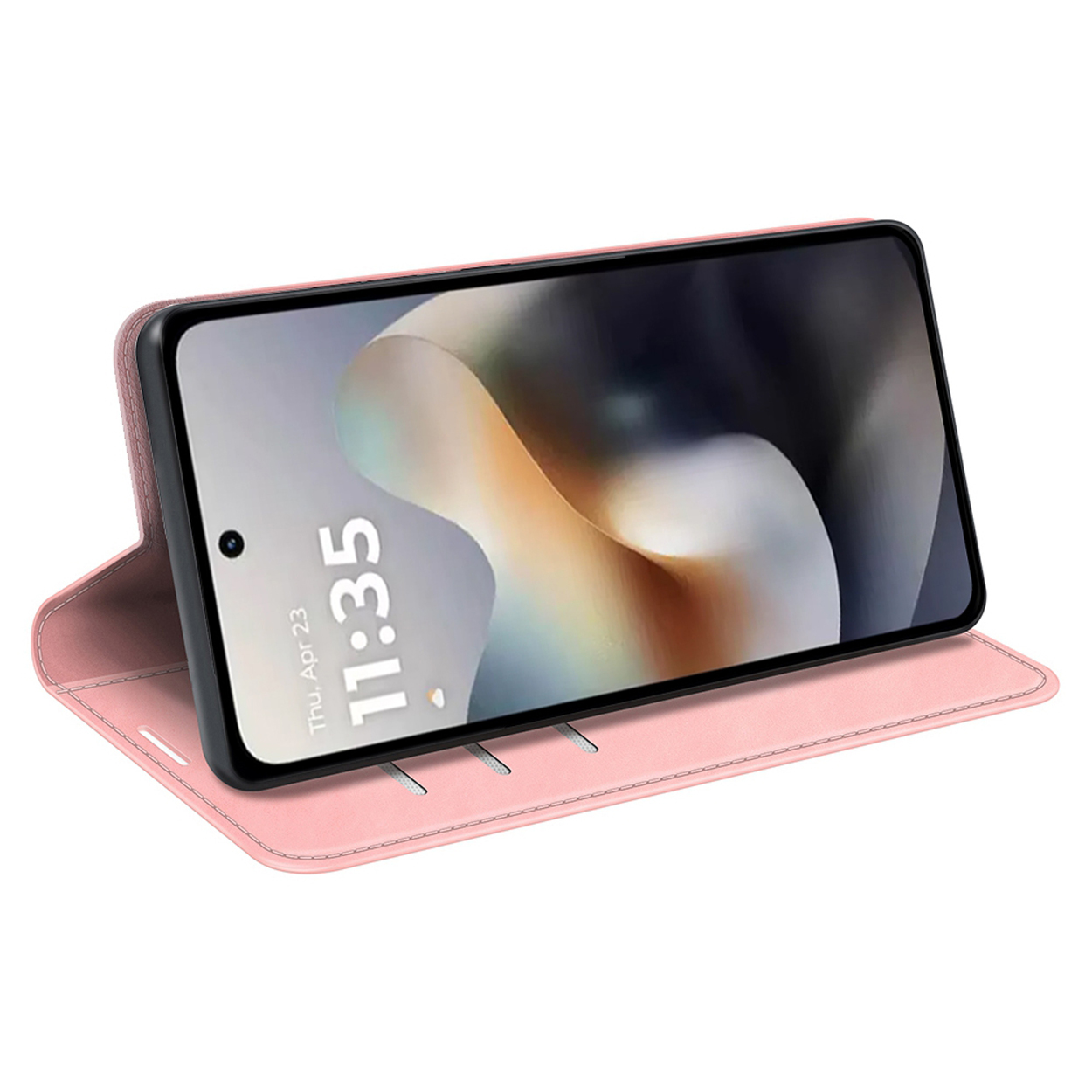 Roze telefoonhoes, open, met telefoon die de tijd weergeeft. De hoes is schuin.