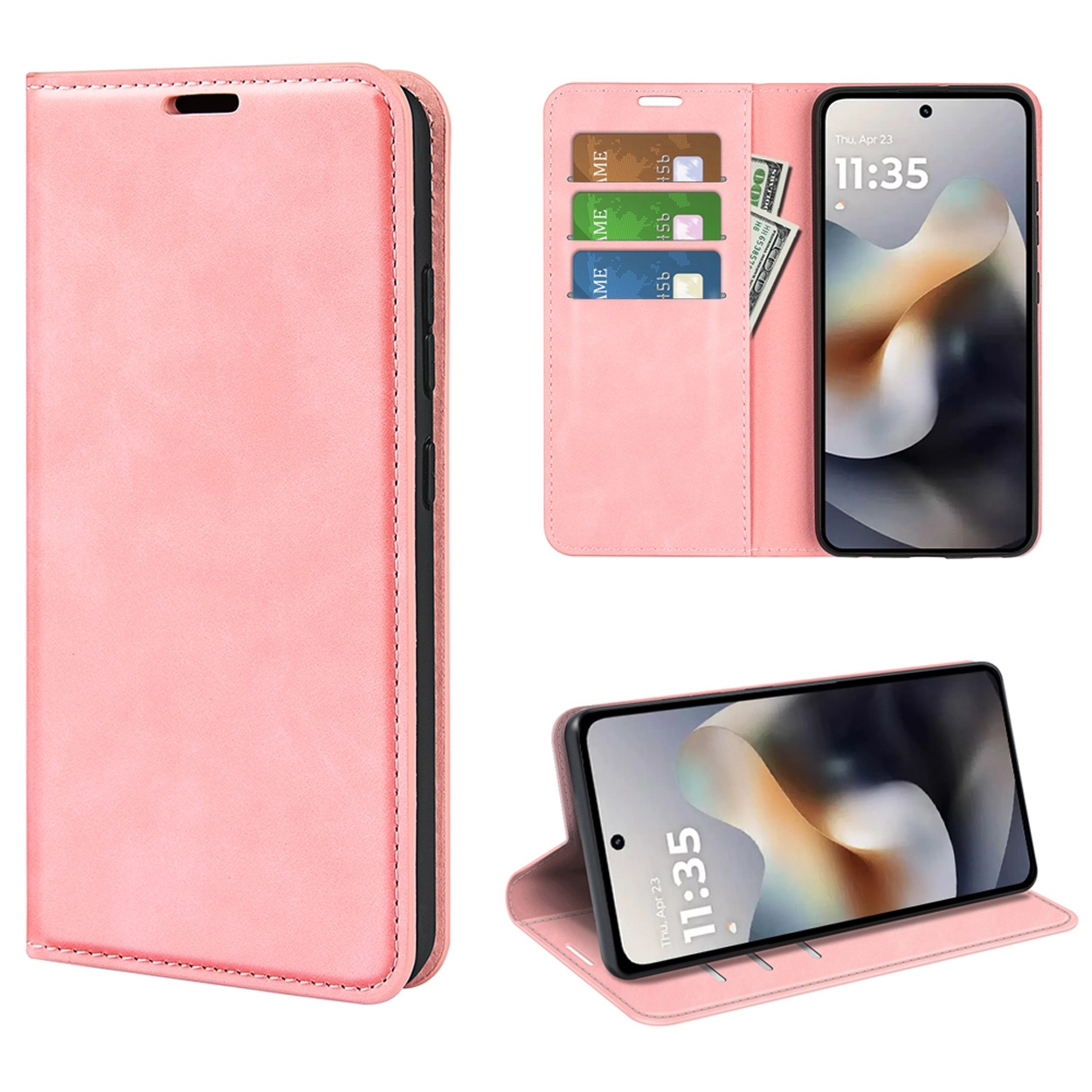Een roze telefoonhoes, gesloten en open, met een telefoon die de datum en tijd weergeeft. Er zitten kaarten en geld in de hoes.