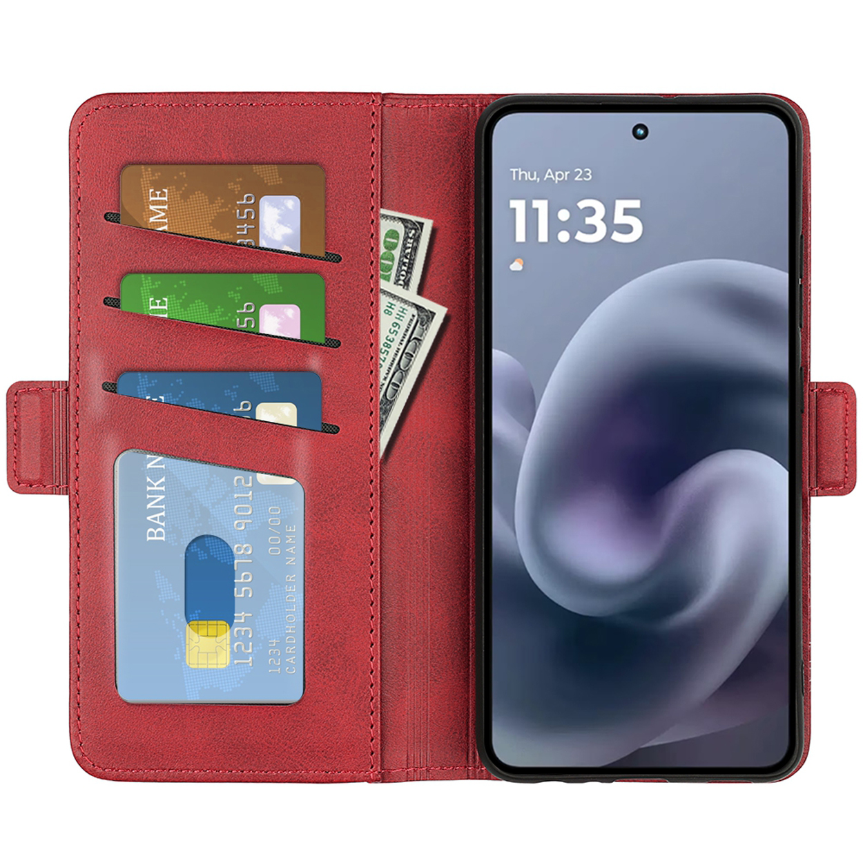 Een rode telefoonhoes, open, met kaarten, geld en een telefoon die de datum en tijd weergeeft. De hoes is open.