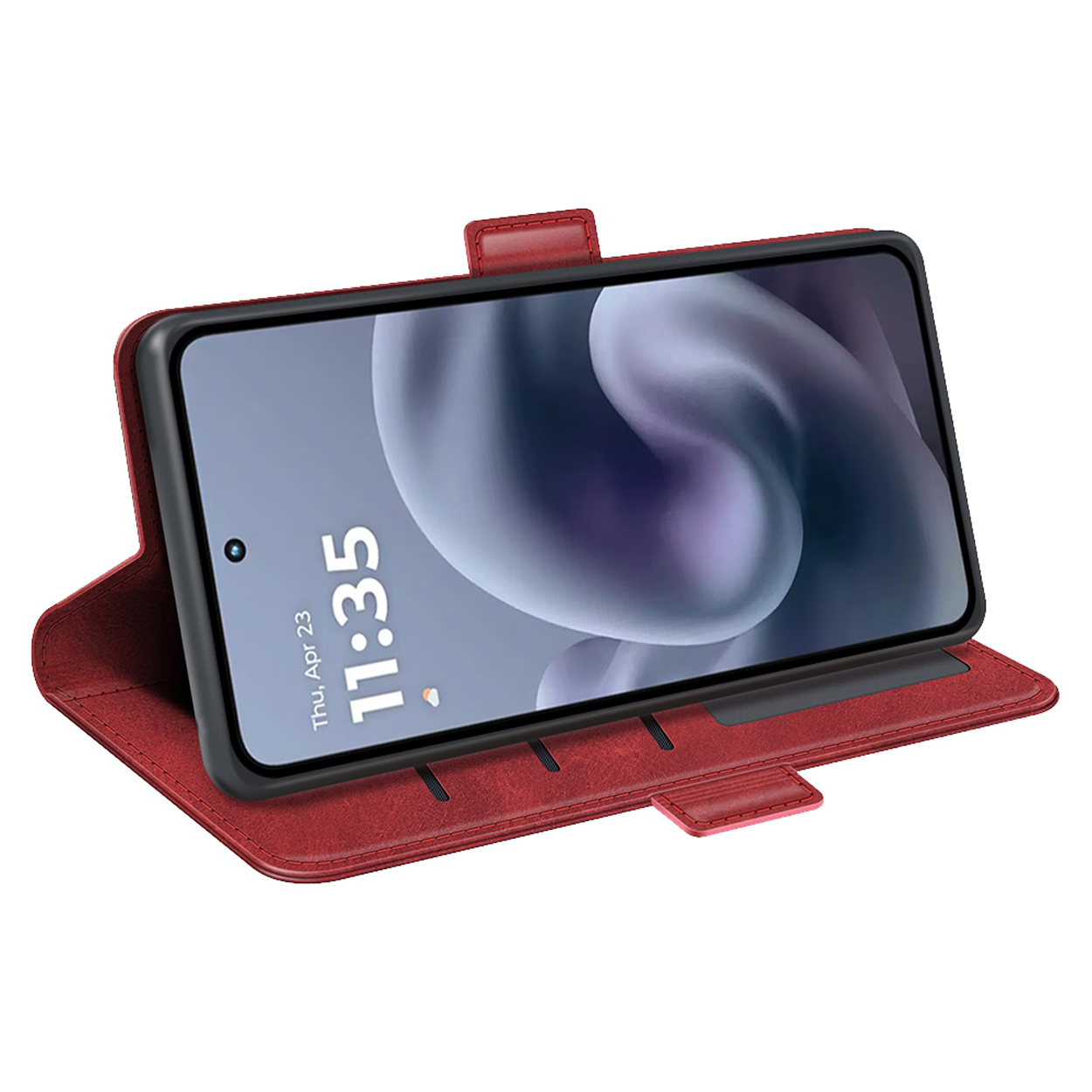 Een rode telefoonhoes, open, met een telefoon erin die de datum en tijd weergeeft. De hoes is rood en heeft een magnetische sluiting.
