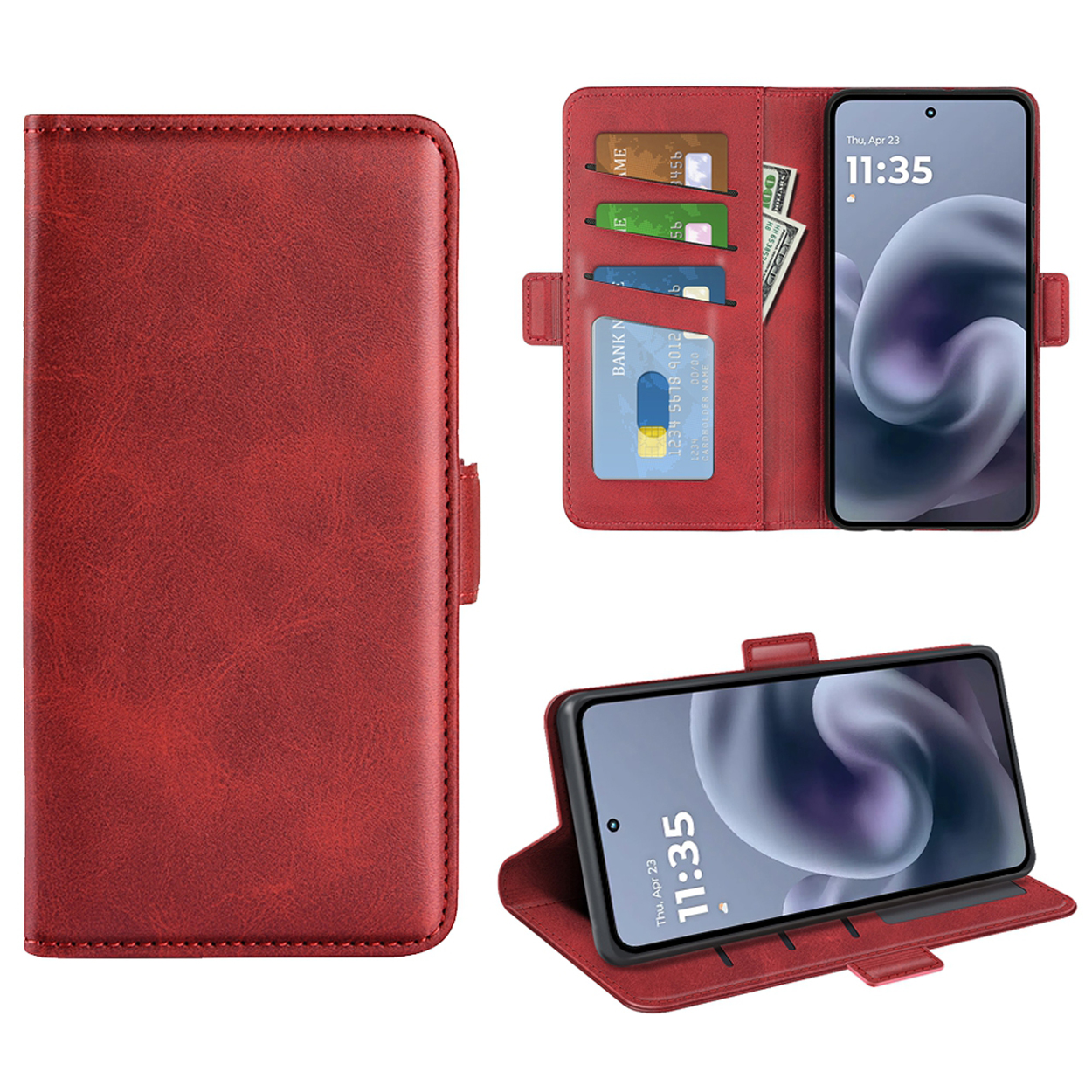 Een rode telefoonhoes, open, met kaarten, geld en een telefoon die de datum en tijd weergeeft. De hoes is getextureerd.