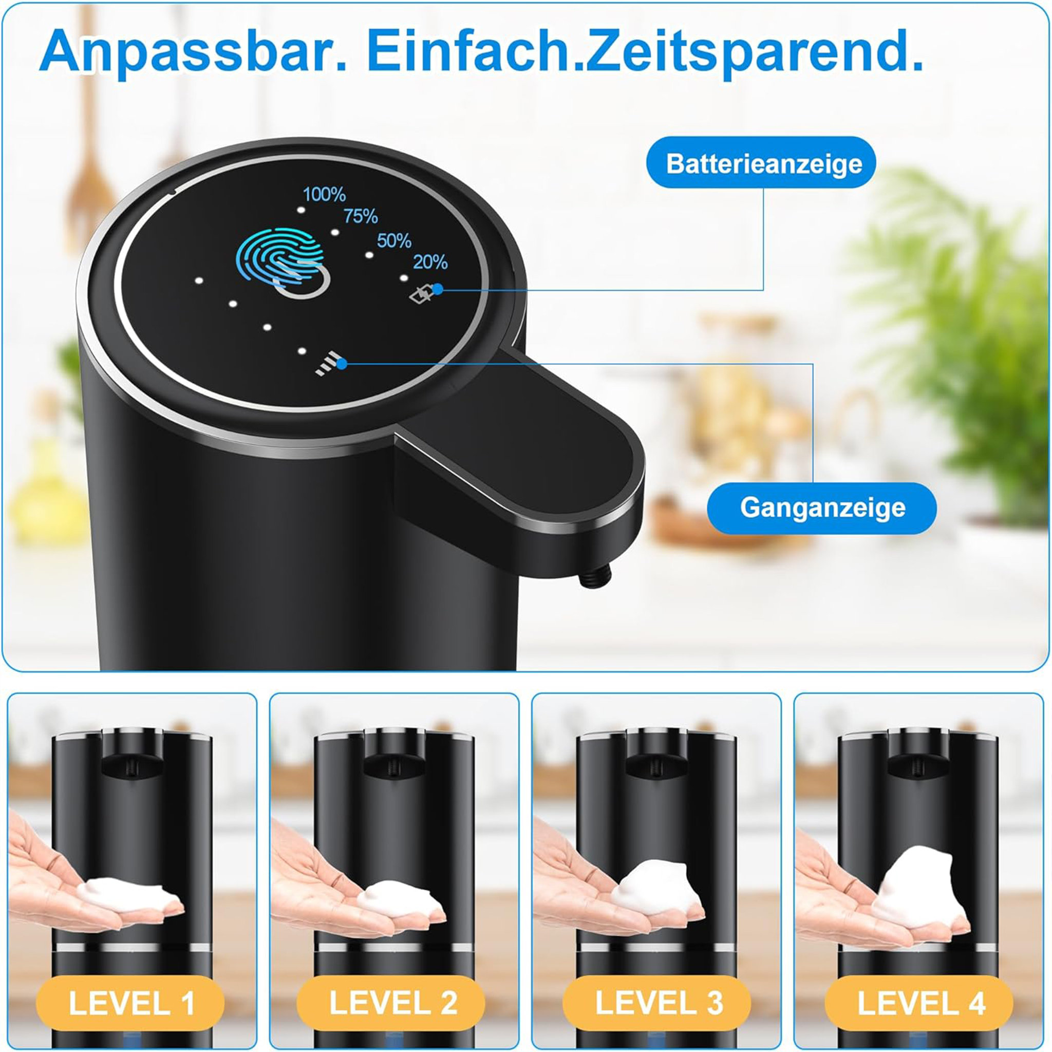 Nahaufnahme eines automatischen Seifenspenders mit verschiedenen Schaumstufen und einer Batterieanzeige. Der Spender ist schwarz.