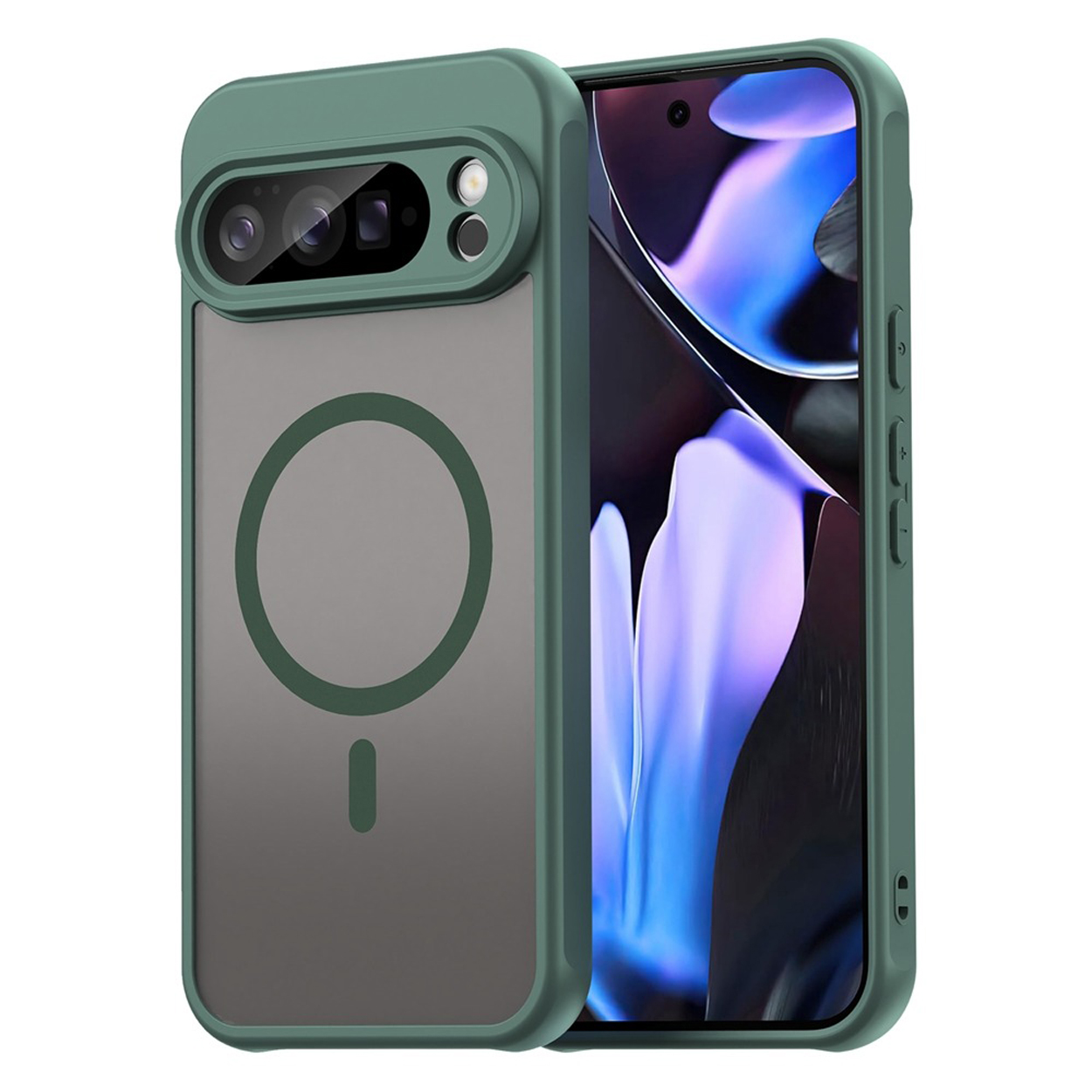 Een groene telefoonhoes. De hoes is open en toont een telefoon en het camera-gebied. De hoes heeft een magnetische cirkel.