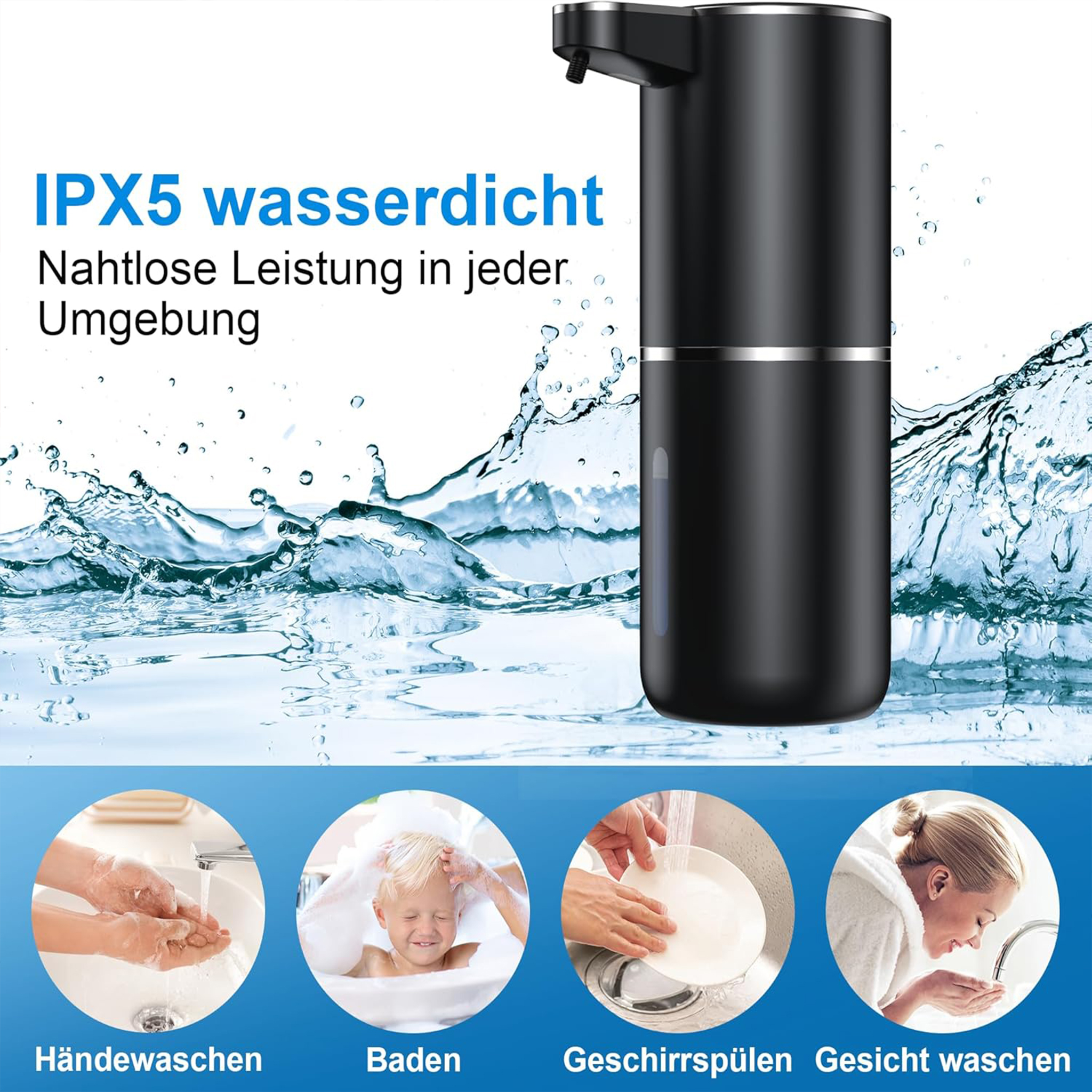 Ein schwarzer automatischer Seifenspender. Er gibt Seife in die Hand einer Person ab. Es gibt Wasser darum und Text auf Deutsch.