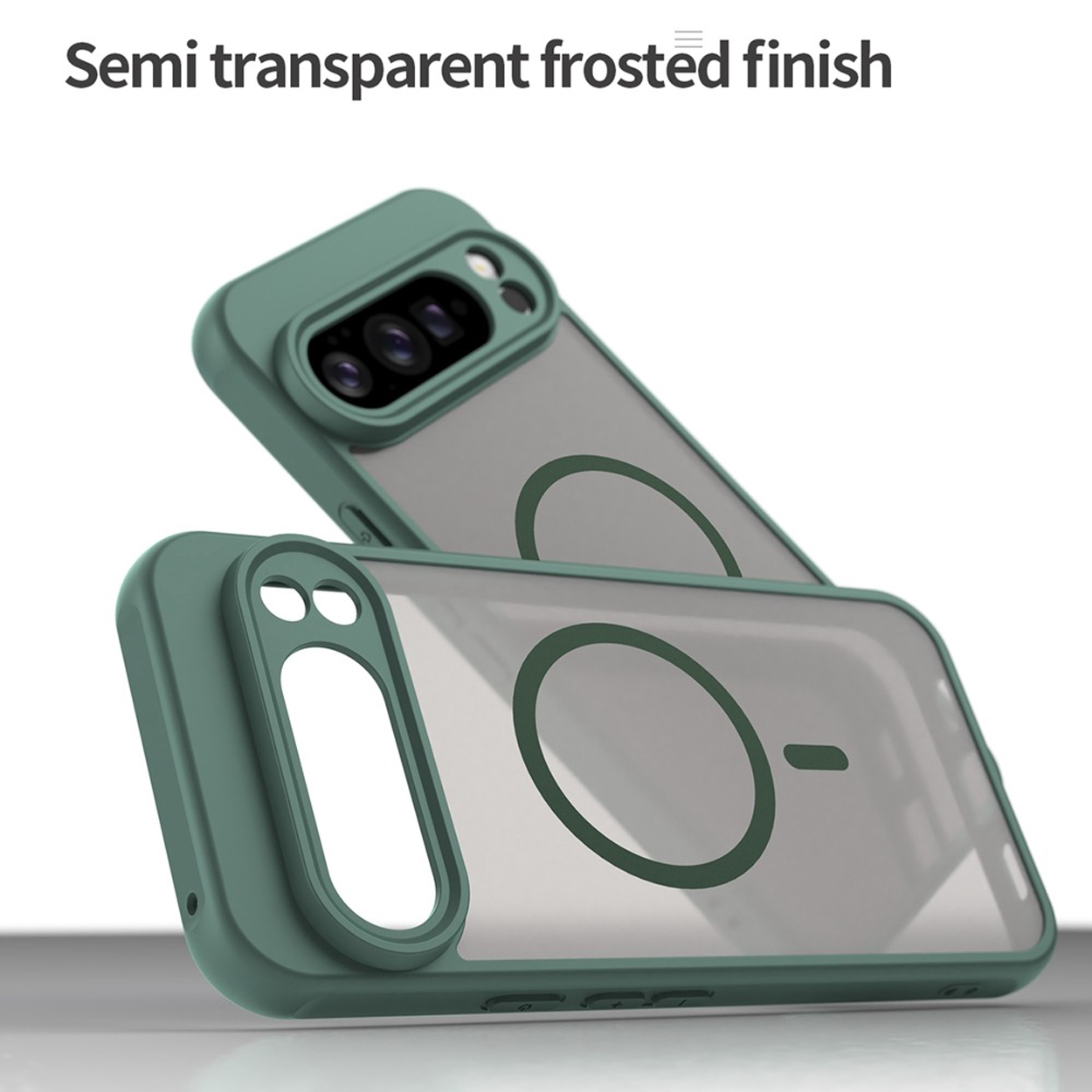 Twee groene telefoonhoesjes, de ene op de andere gestapeld. De hoesjes zijn in het midden transparant met een magsafe cirkel.