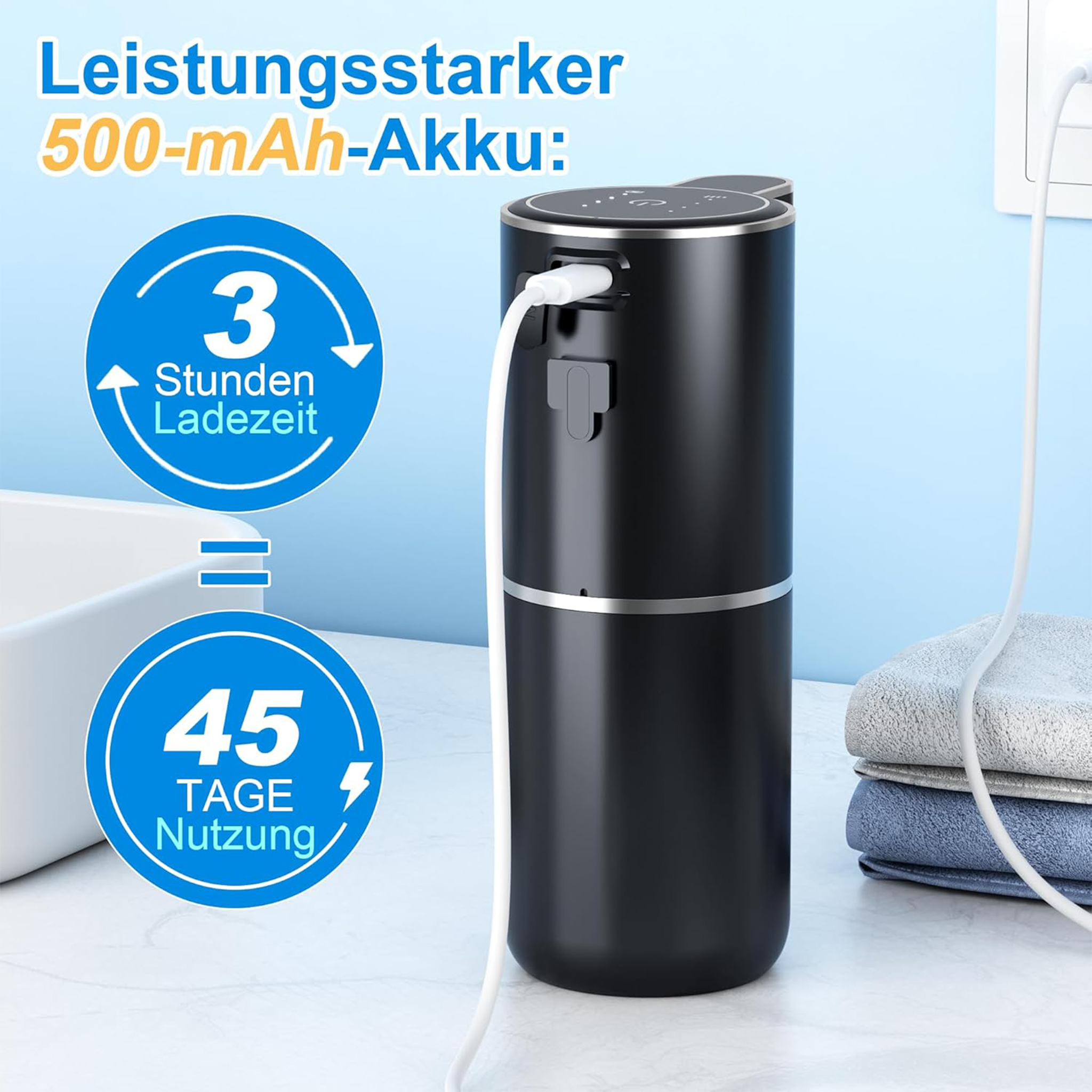 Schwarzer Spender, der mit einem weißen Kabel geladen wird. Er hat einen 500-mAh-Akku, 3 Stunden Ladezeit und hält 45 Tage.