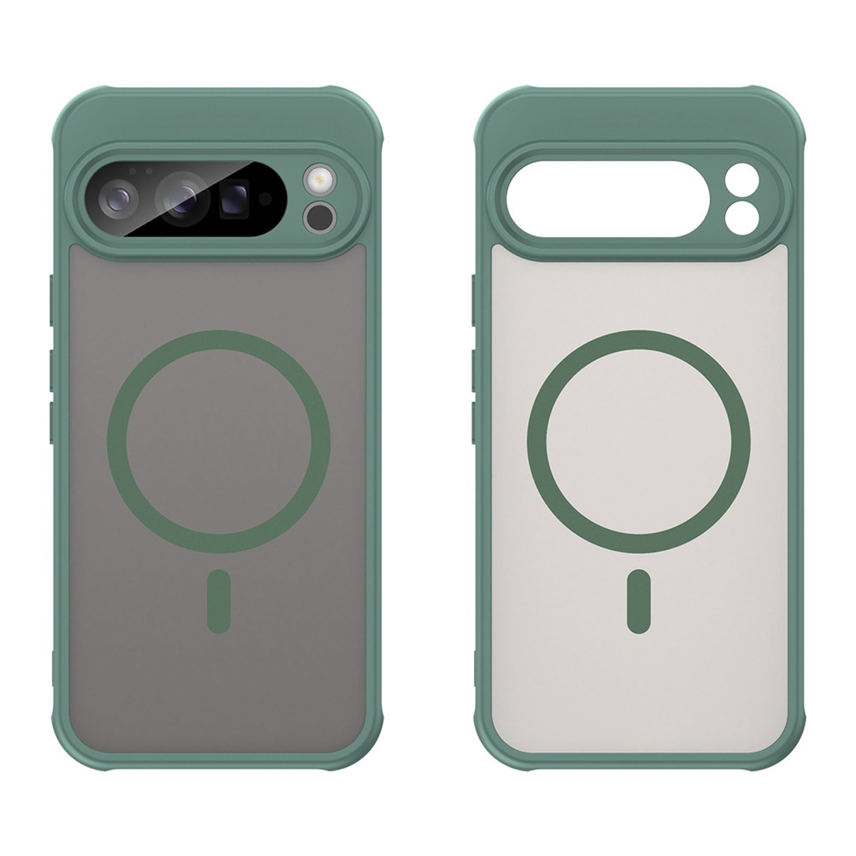Twee telefoonhoesjes: groene rand, doorzichtige achterkant. Eén heeft een camera-uitsparing, de andere een cirkel. Beide hebben een cirkel.