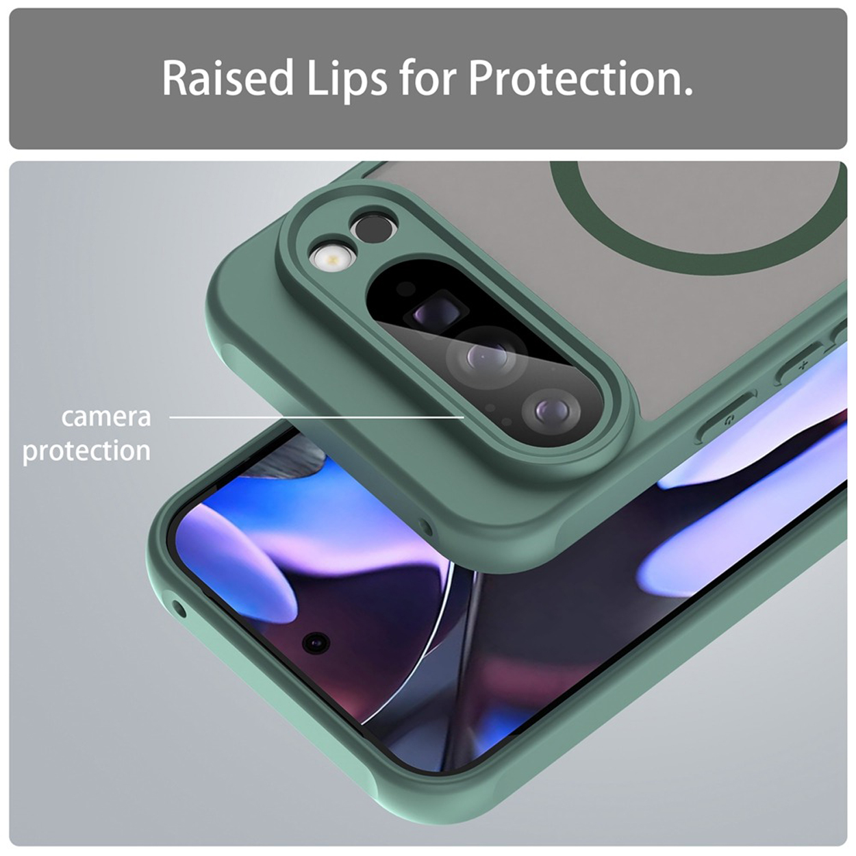 Een close-up van een groene telefoonhoes met camerabescherming. De telefoonhoes heeft een doorzichtige achterkant en een groene rand.