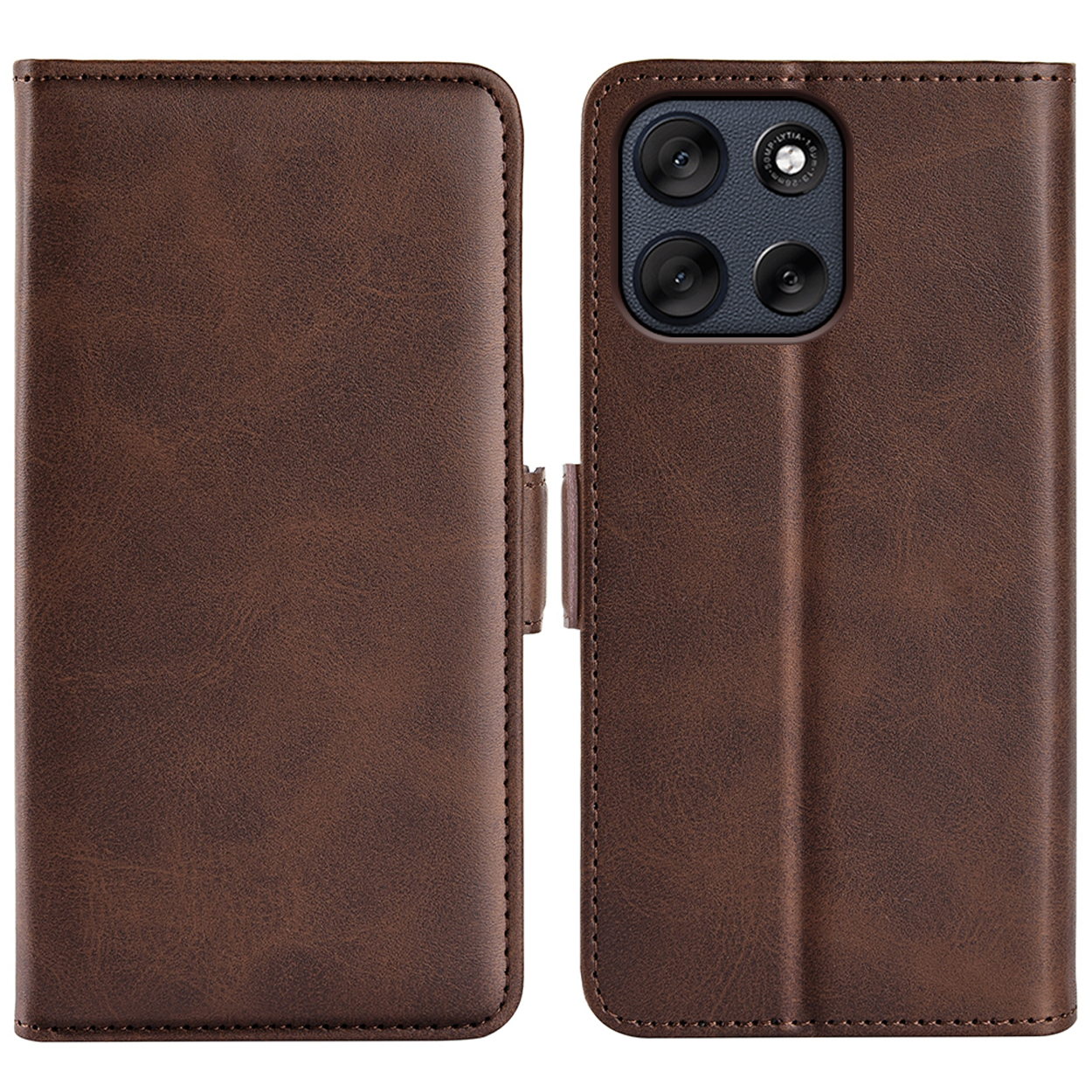 Étui portefeuille pour téléphone en cuir marron, fermé. L'avant a un aspect texturé, avec un fermoir pour le maintenir fermé.