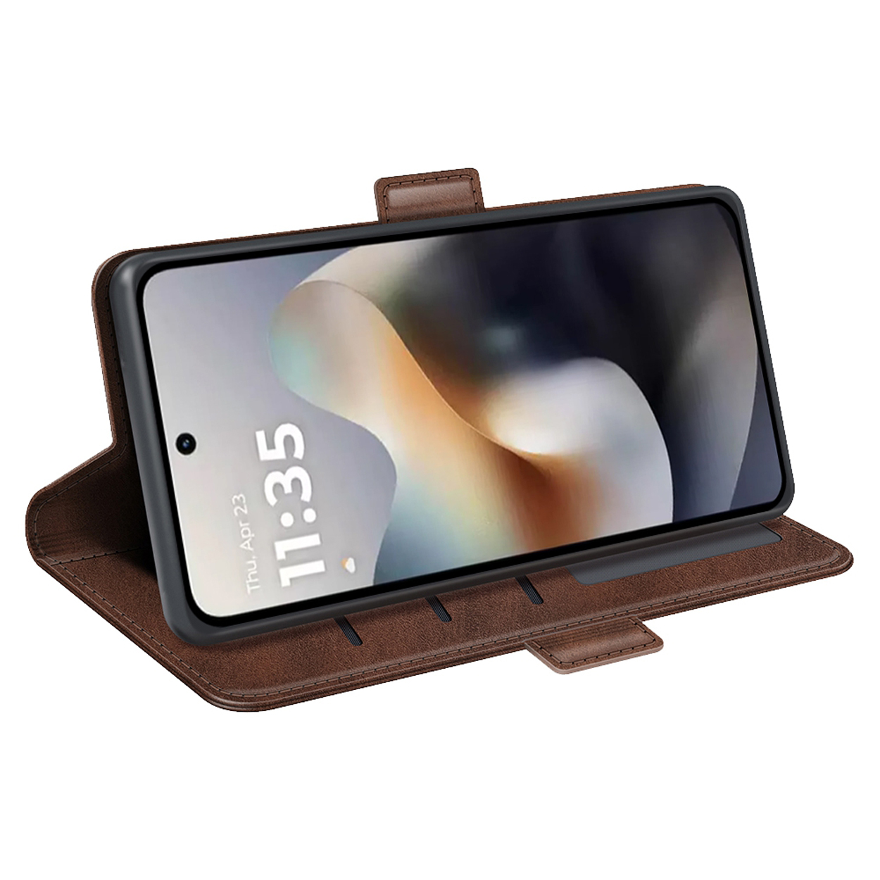 Étui portefeuille pour téléphone en cuir marron ouvert, avec un téléphone affichant l'heure : 11:35. La date à l'écran est : 23 avril.