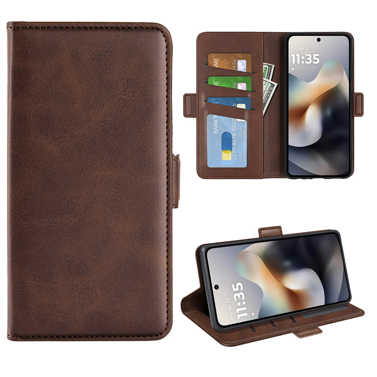Étui portefeuille pour téléphone en cuir marron ouvert, montrant un téléphone avec l'heure : 11:35, trois cartes et des dollars américains.