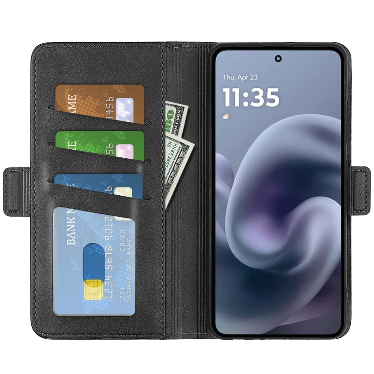 Zwarte leren telefoonportemonnee open, met een telefoon met de tijd 11:35, drie kaarten en Amerikaanse dollars.