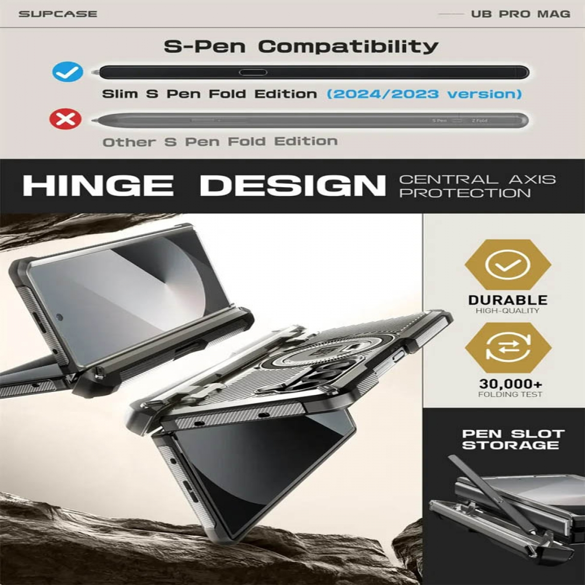Una pubblicità mostra una custodia per telefono con una S-Pen. Le caratteristiche includono il design a cerniera, l'alloggiamento per la penna e la durata.