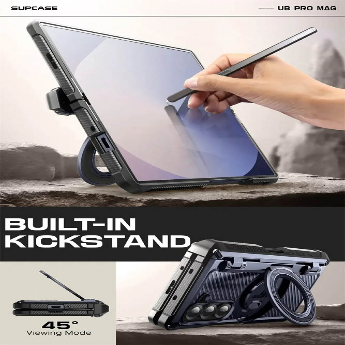 Tablet in una custodia, con una mano che tiene uno stilo. Cavalletto integrato. Modalità di visualizzazione a 45 gradi.