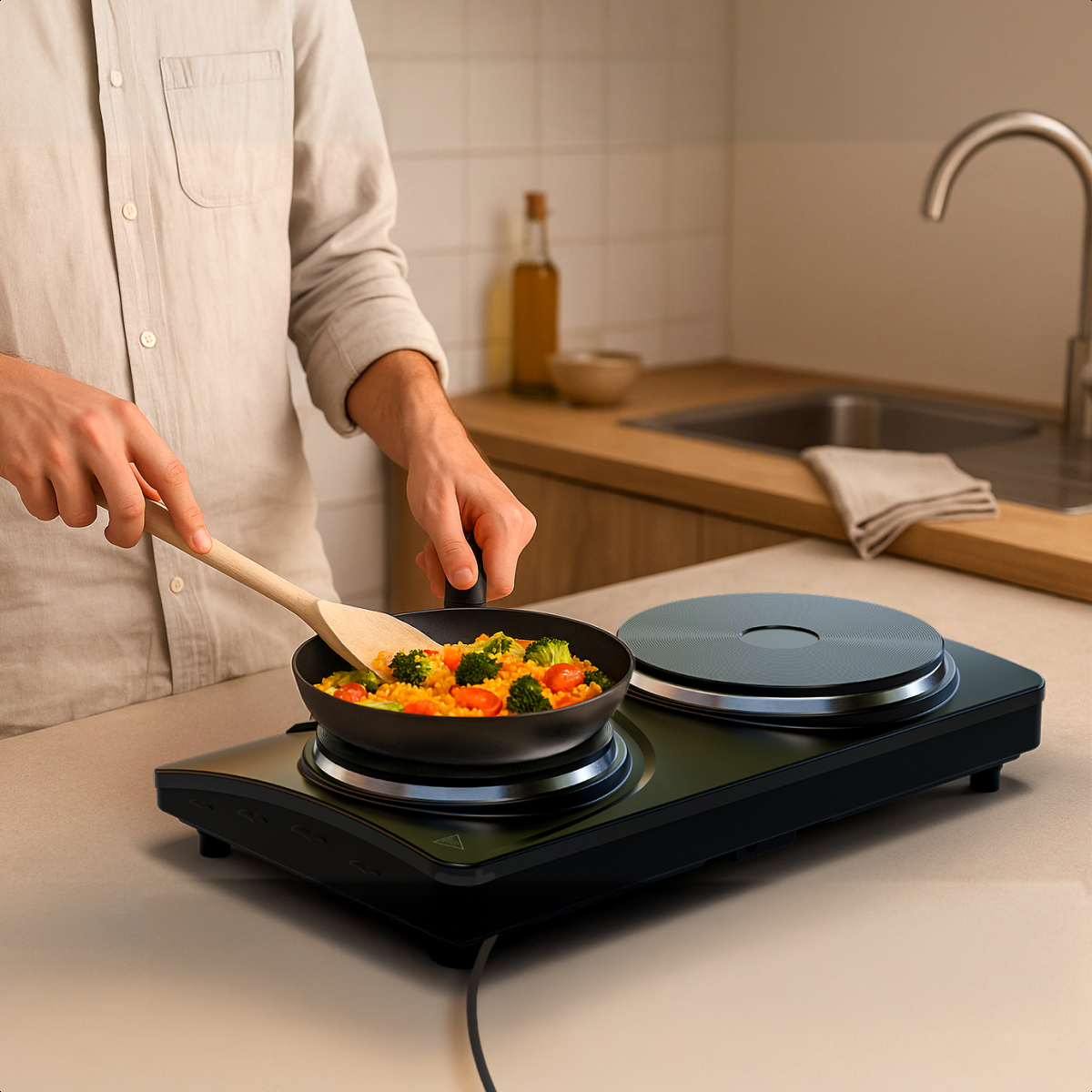 Person cooking on a double burner. Black and silver design. Wok with vegetables. Kitchen background.