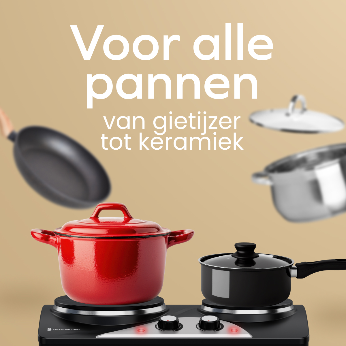Black double burner with pots. Text: 'For all pans'. Beige background. Various pots in the background.