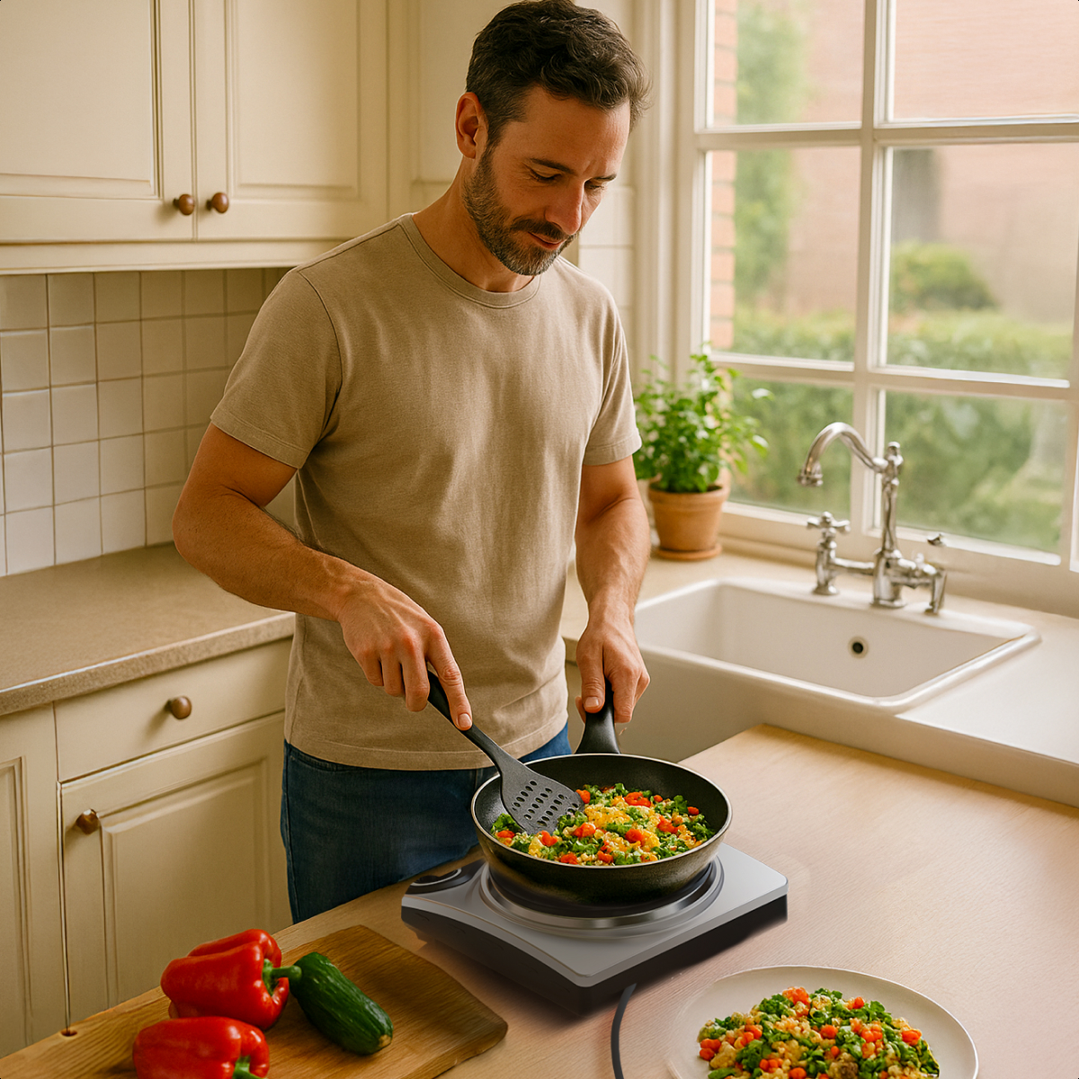 Man cooking vegetables in a pan on a hot plate. Red peppers and a cucumber sit nearby. Kitchen setting.