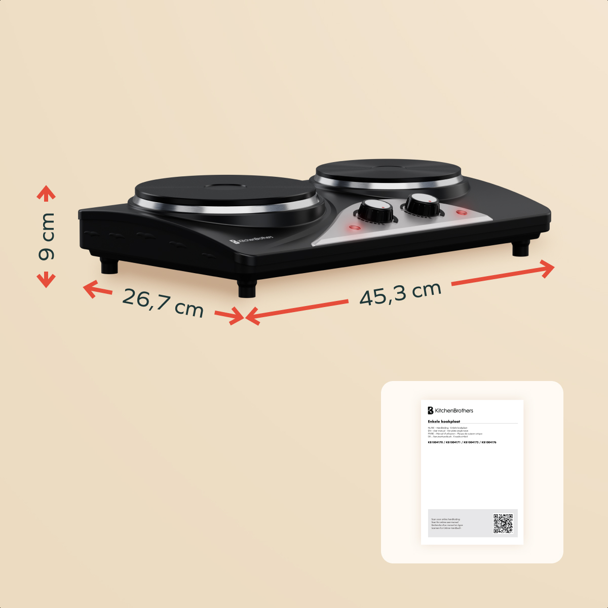 A black KitchenBrothers double electric stove with dimensions in centimeters and a manual in the corner.