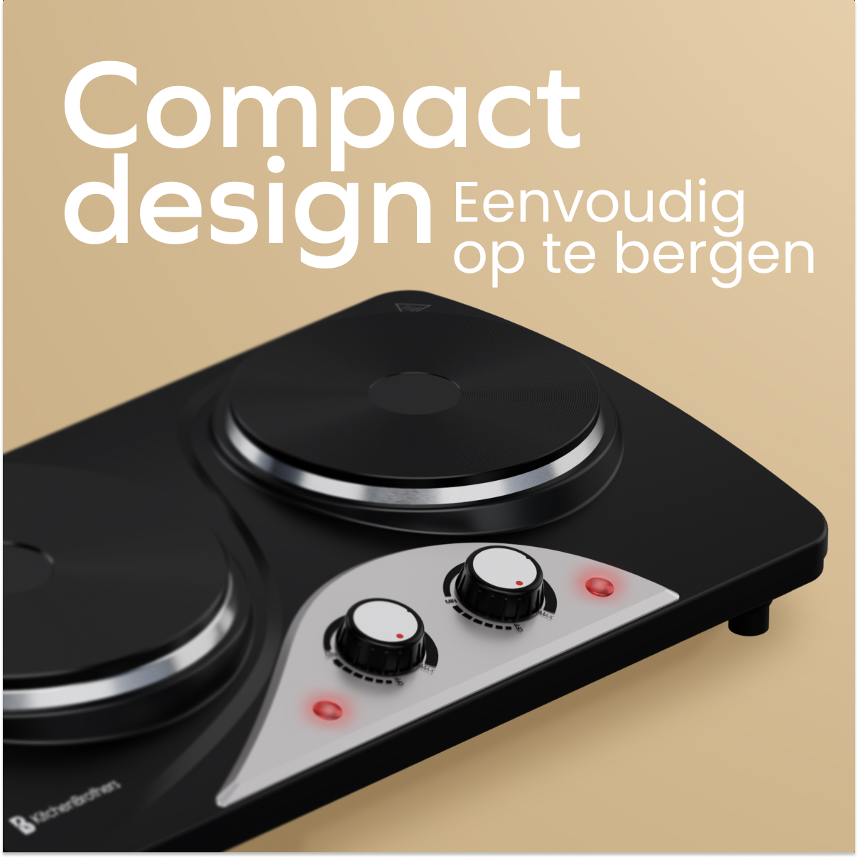 Close-up of black double hot plate with dials. Text: Compact design. Easy to store.