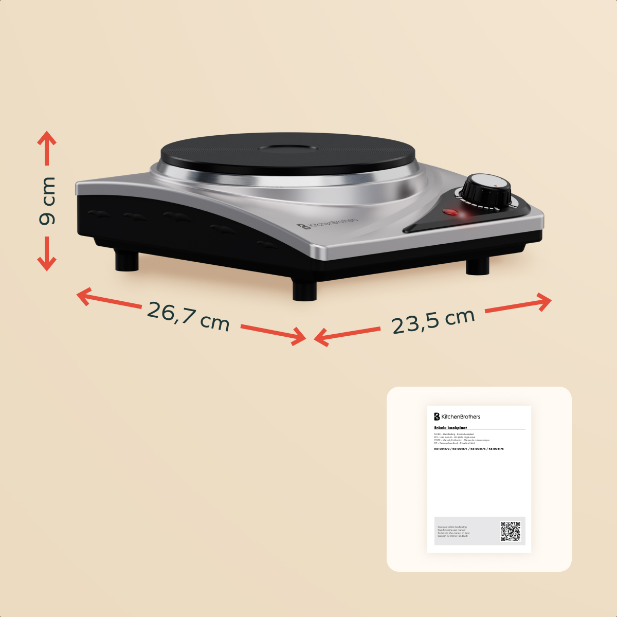 A silver KitchenBrothers electric stove with dimensions in centimeters and a manual in the corner.